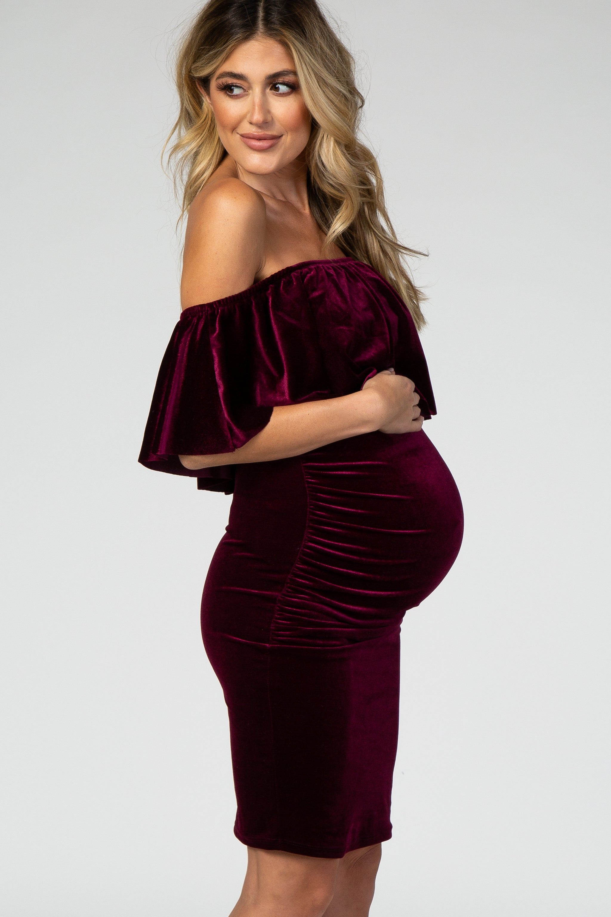 Burgundy Velvet Off Shoulder Fitted Maternity Dress sold by Pinkblush product image thumbnail 3