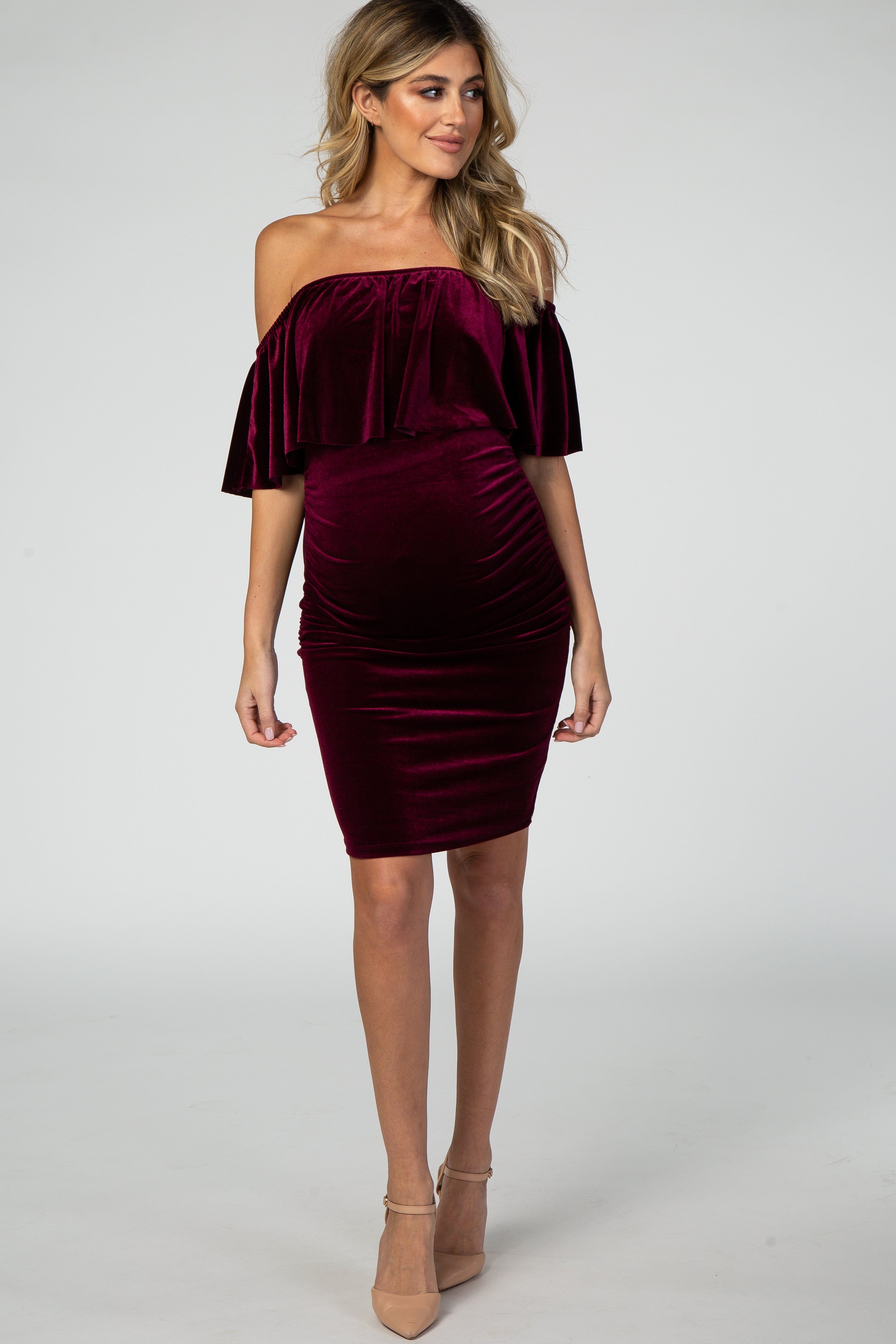 Burgundy Velvet Off Shoulder Fitted Maternity Dress sold by Pinkblush