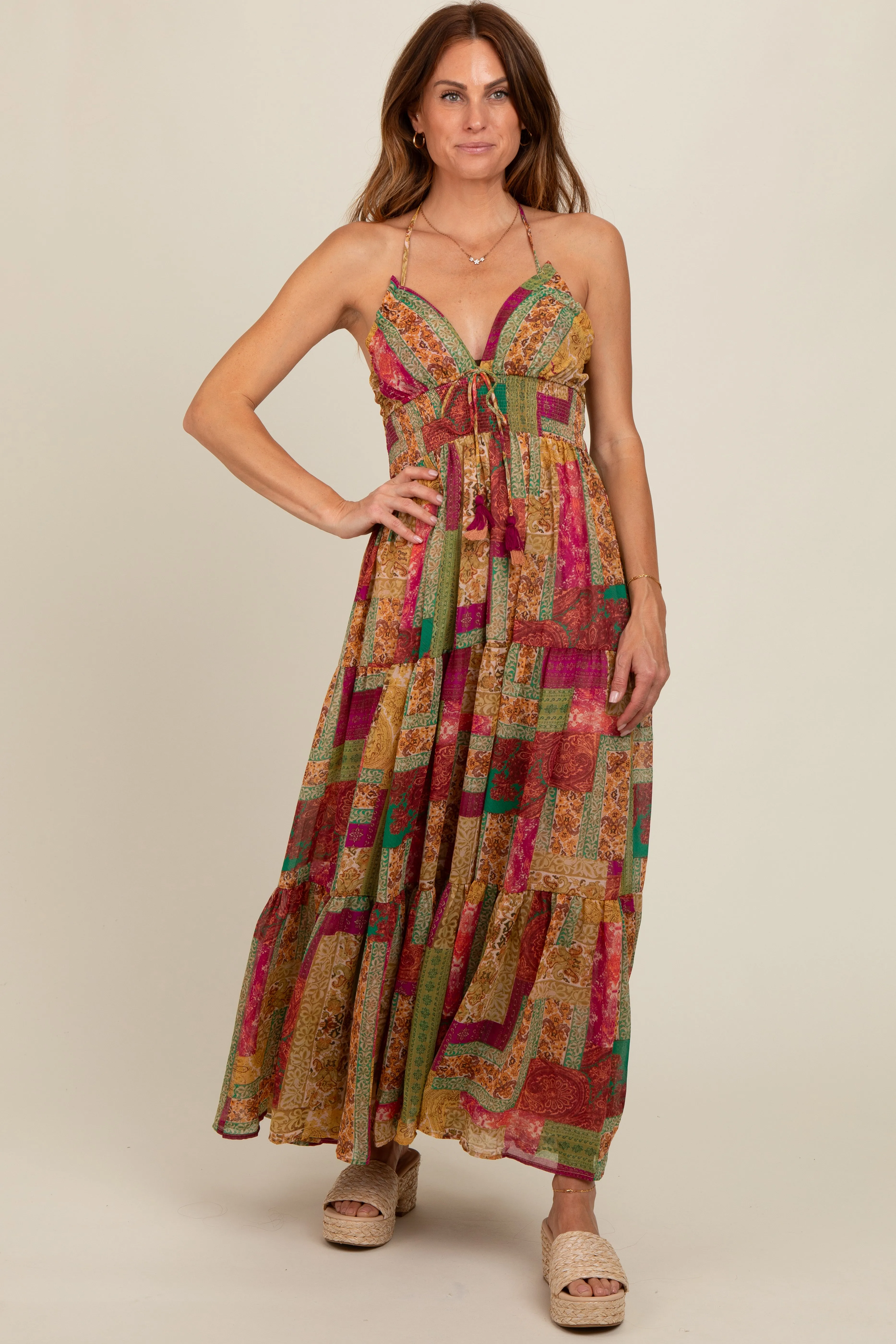Olive Patchwork Print Halter Maxi Dress sold by Pinkblush product image thumbnail 3