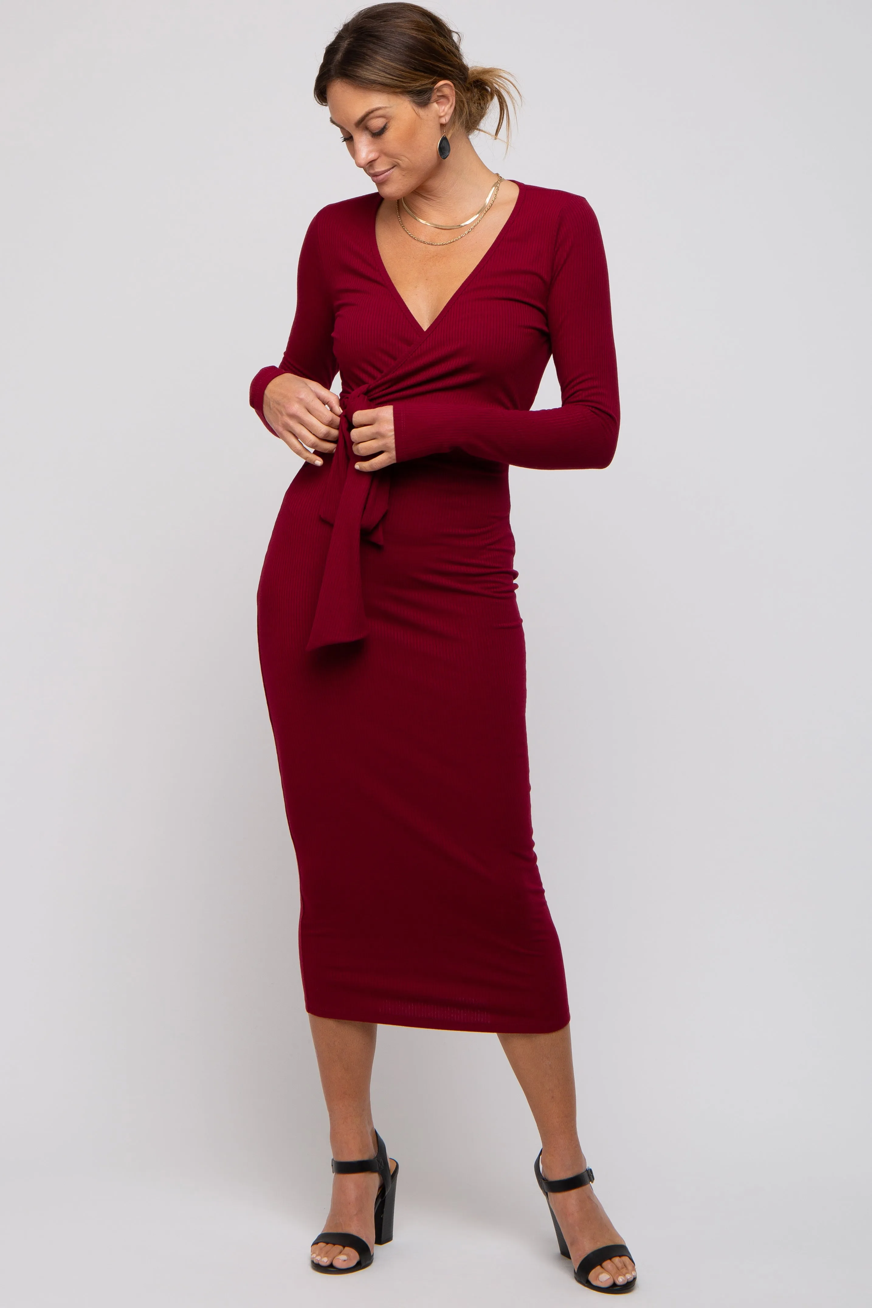 Burgundy Ribbed Long Sleeve Wrap Dress sold by Pinkblush