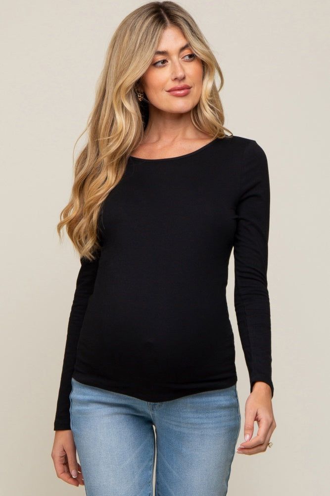 Black Long Sleeve Scoop Back Maternity Top sold by Pinkblush