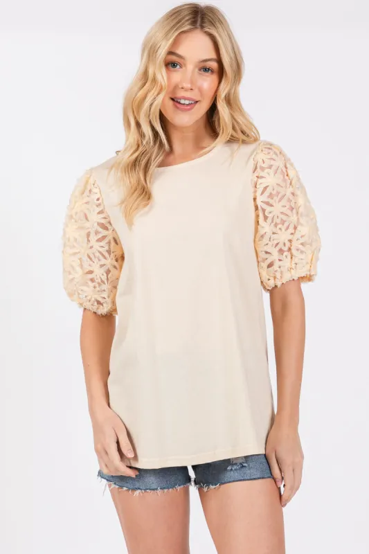 Cream Floral Mesh Sleeve Blouse sold by Pinkblush