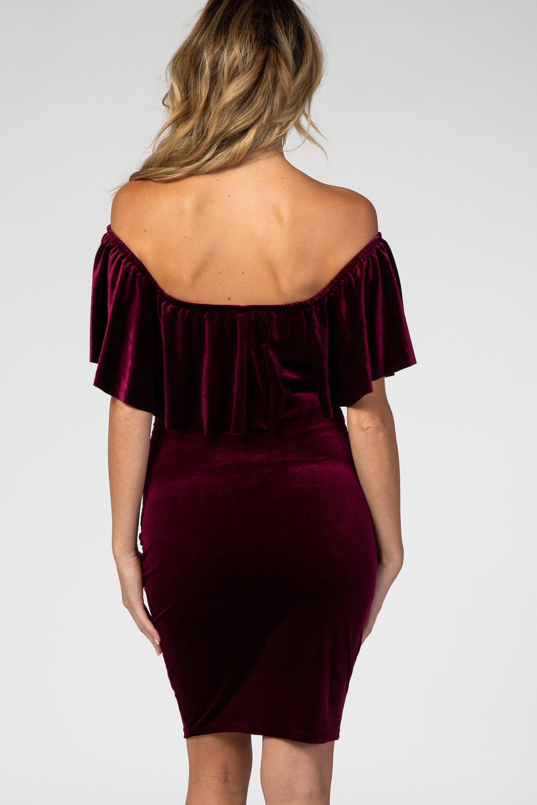 Burgundy Velvet Off Shoulder Fitted Maternity Dress sold by Pinkblush product image thumbnail 4