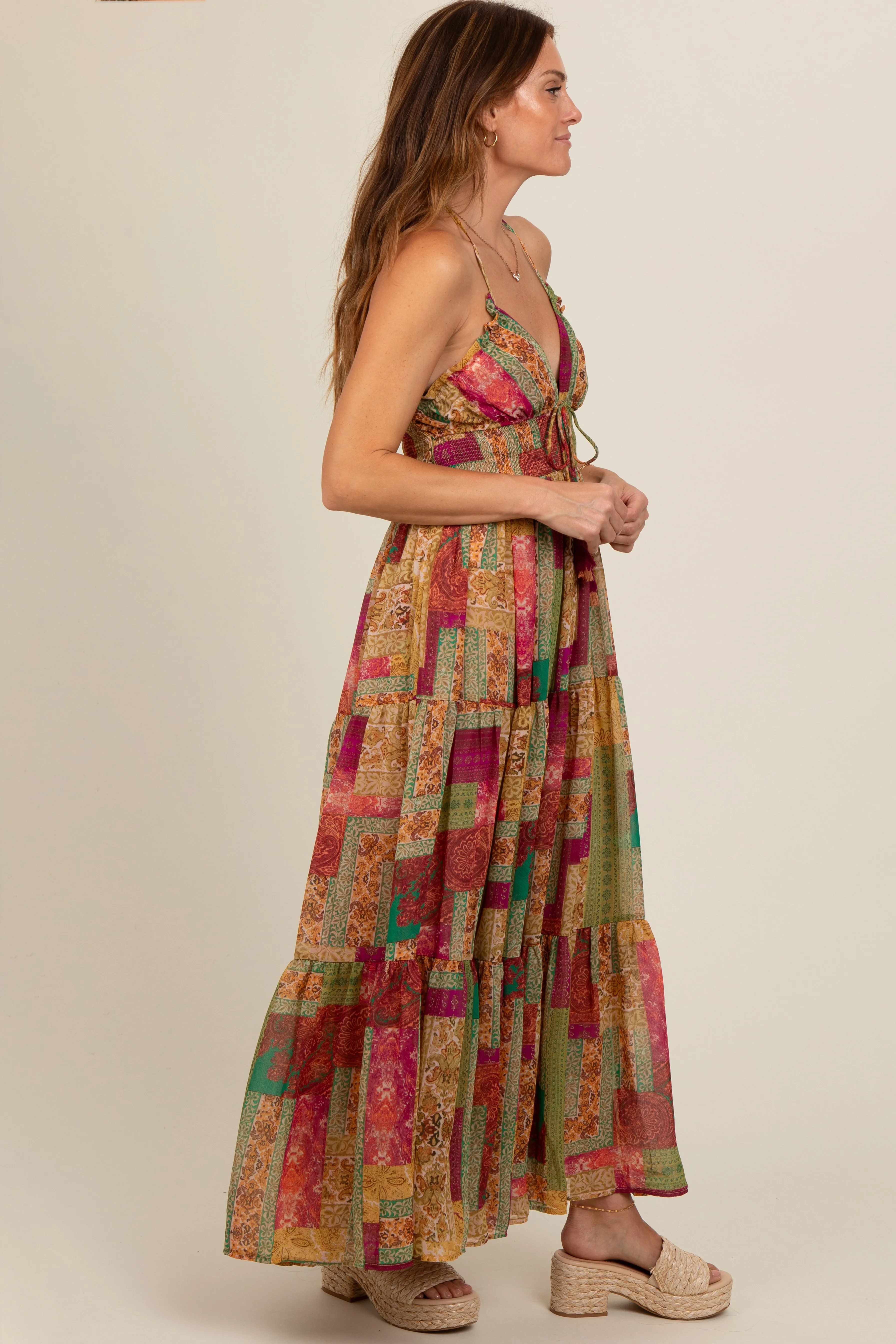 Olive Patchwork Print Halter Maxi Dress sold by Pinkblush product image thumbnail 4