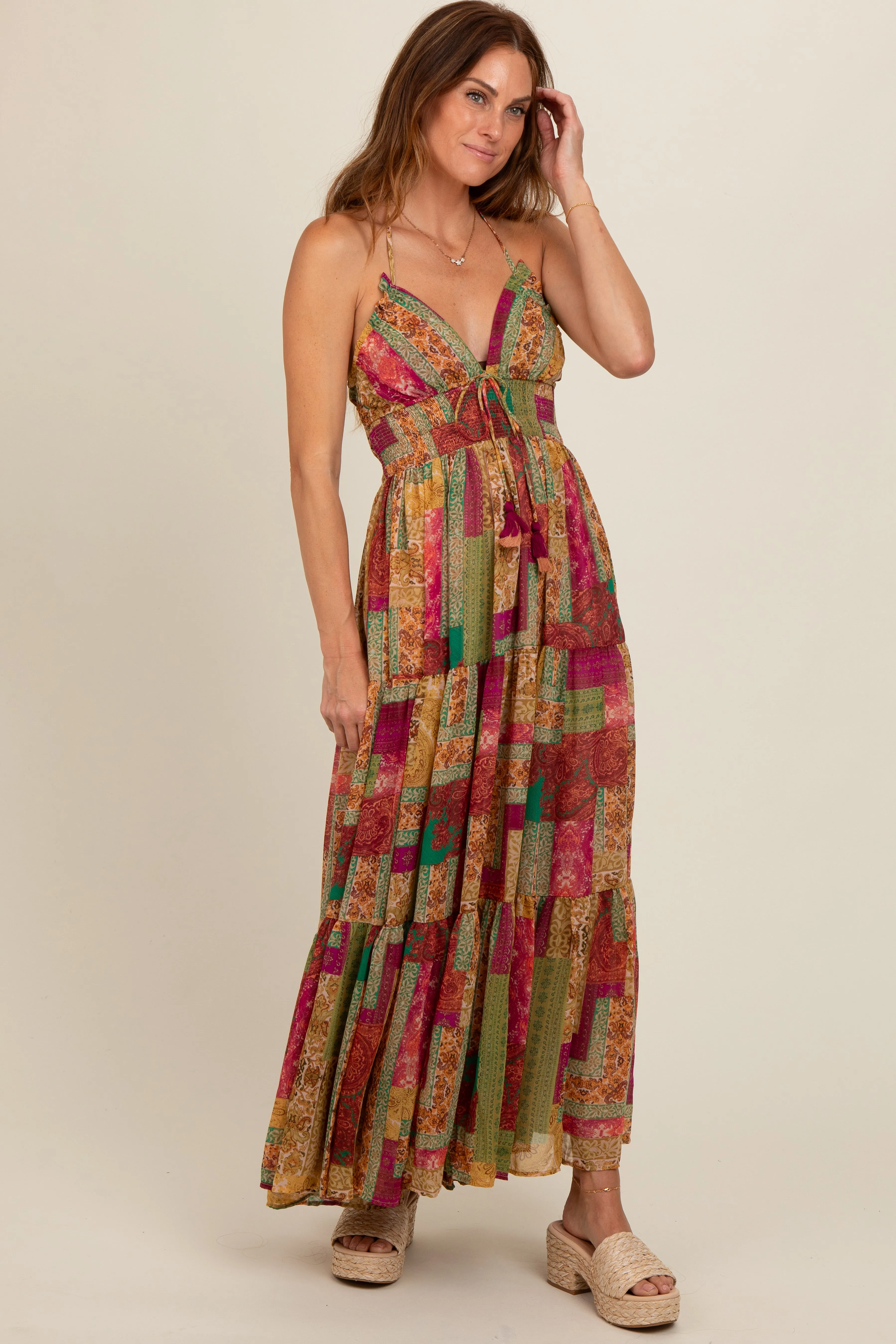 Olive Patchwork Print Halter Maxi Dress sold by Pinkblush