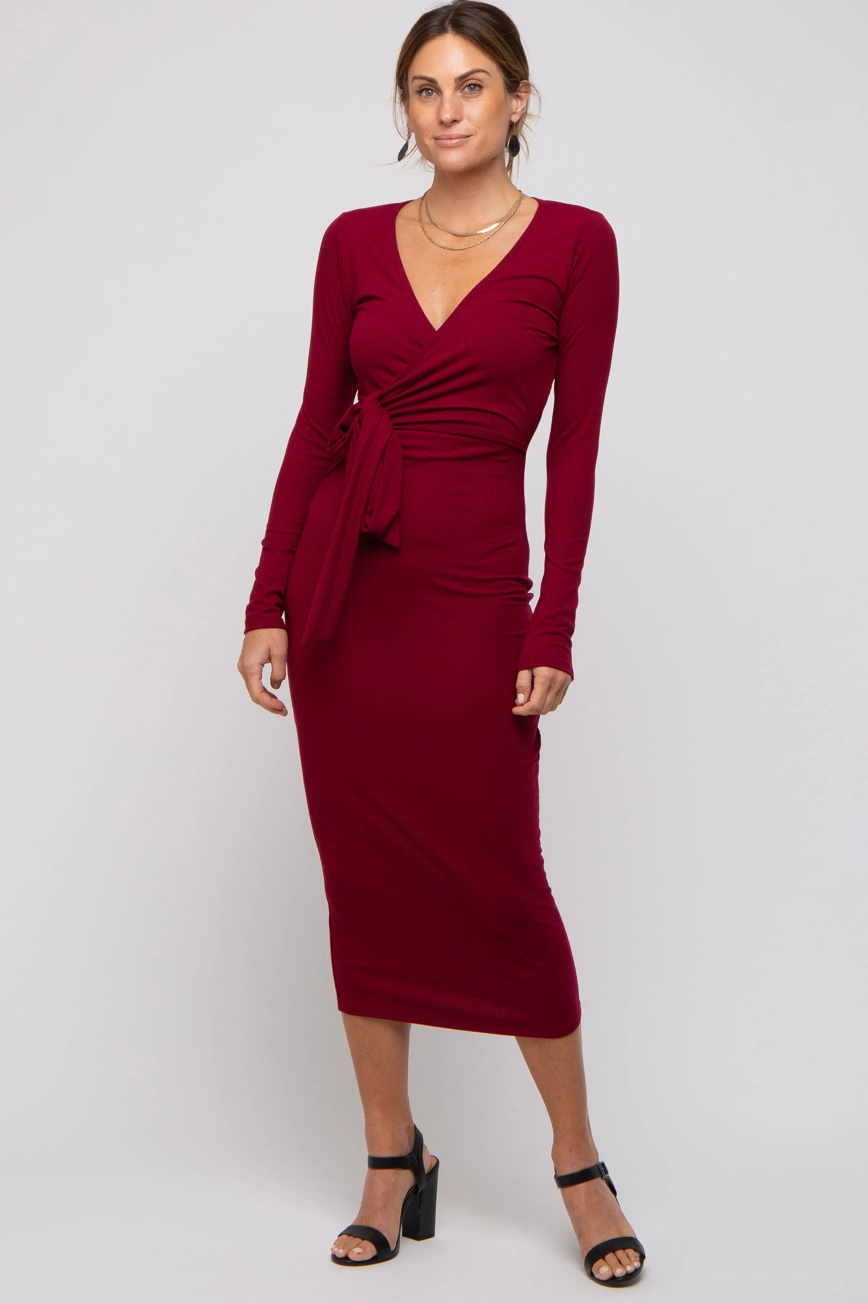 Burgundy Ribbed Long Sleeve Wrap Dress sold by Pinkblush product image thumbnail 5