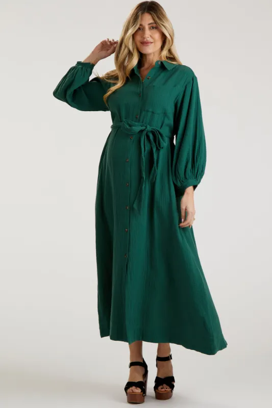 Forest Green Gauze Belted Shirt Maternity Midi Dress sold by Pinkblush