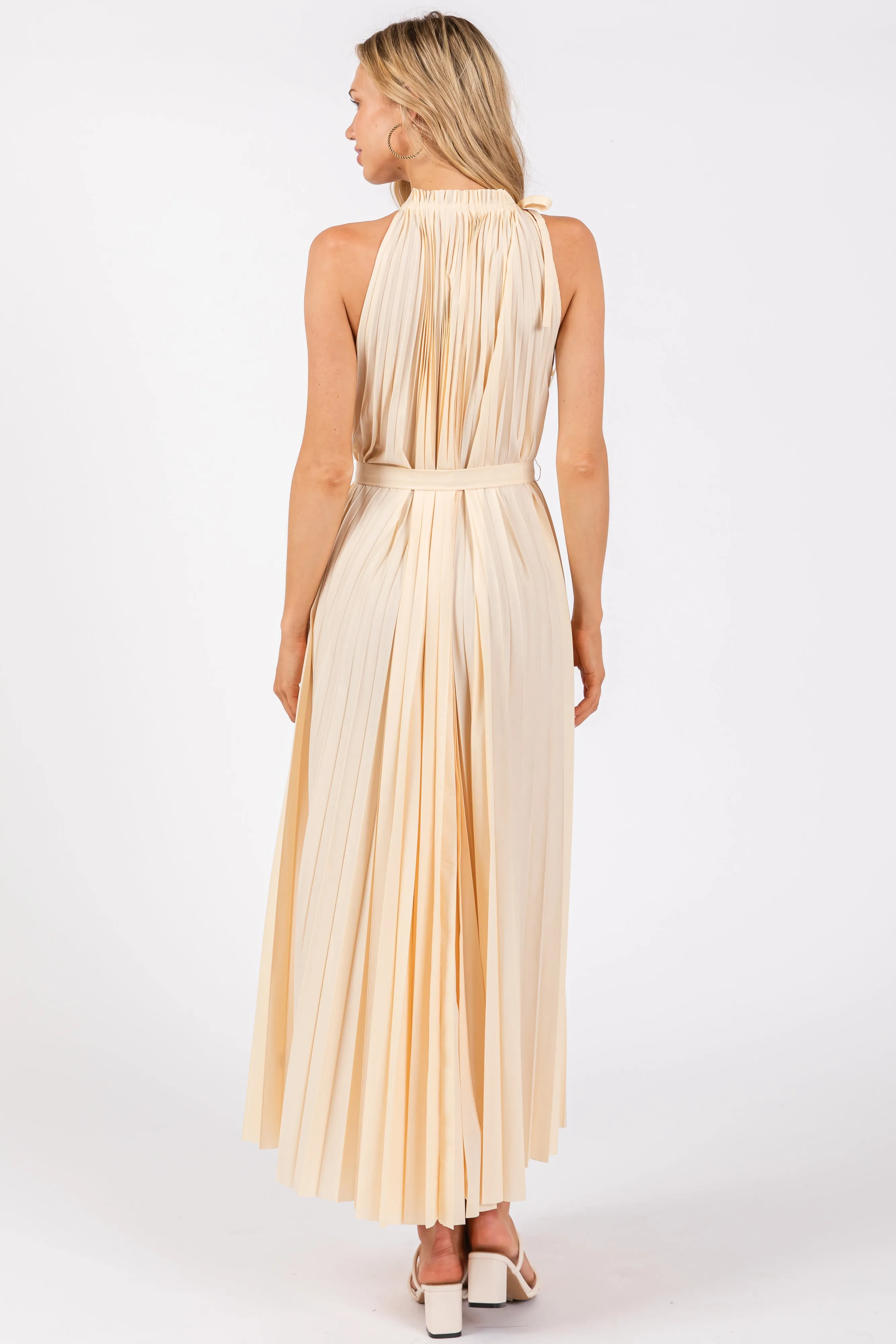 Cream Pleated Empire Tied Waist Midi Dress sold by Pinkblush product image thumbnail 4