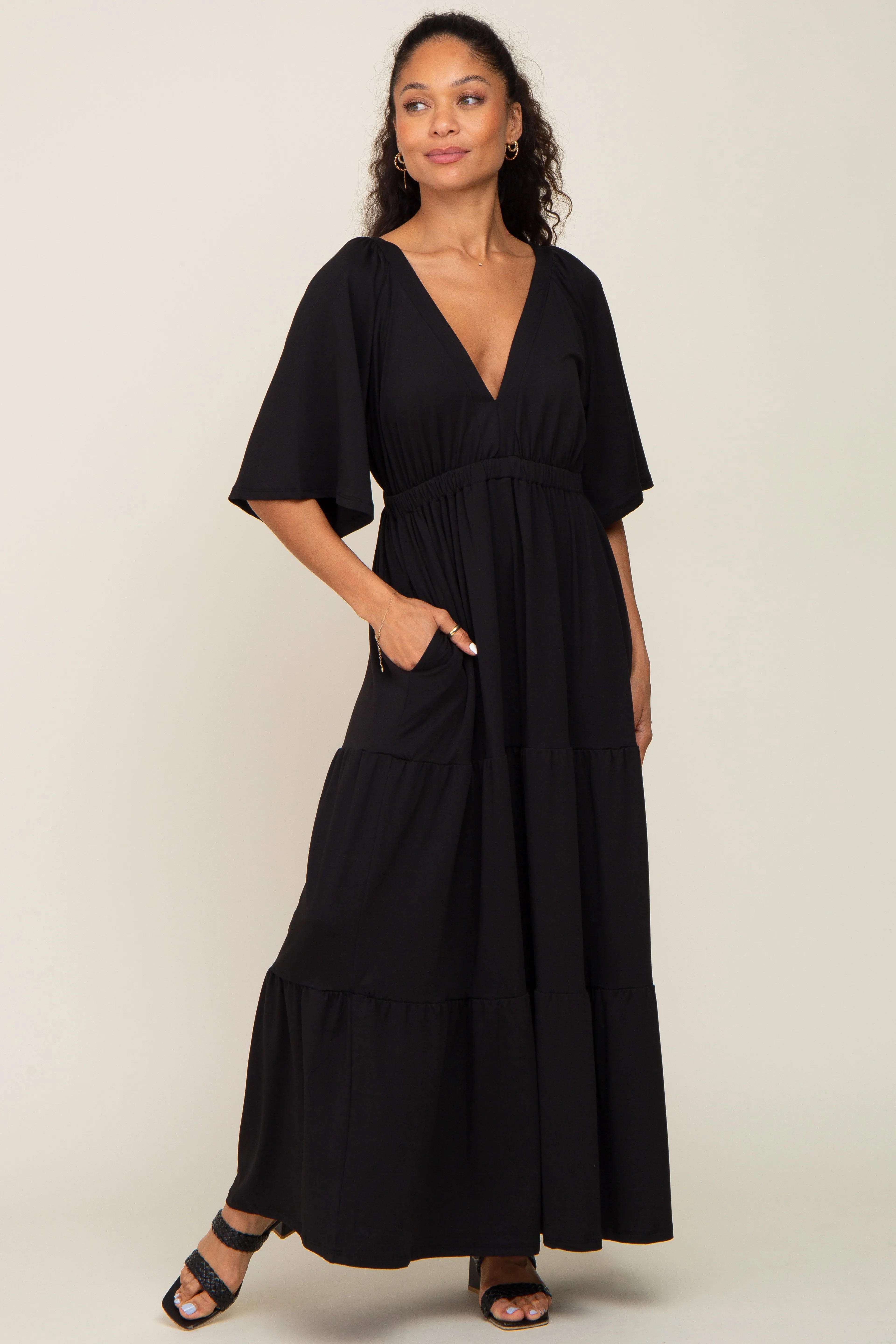 Black Deep V-Neck Tiered Maxi Dress sold by Pinkblush product image thumbnail 4