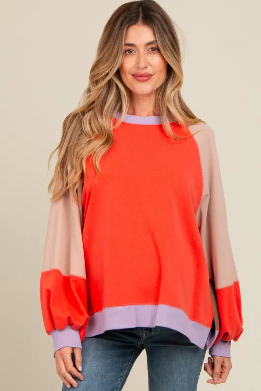 Coral Colorblock Bubble Sleeve Maternity Pullover sold by Pinkblush