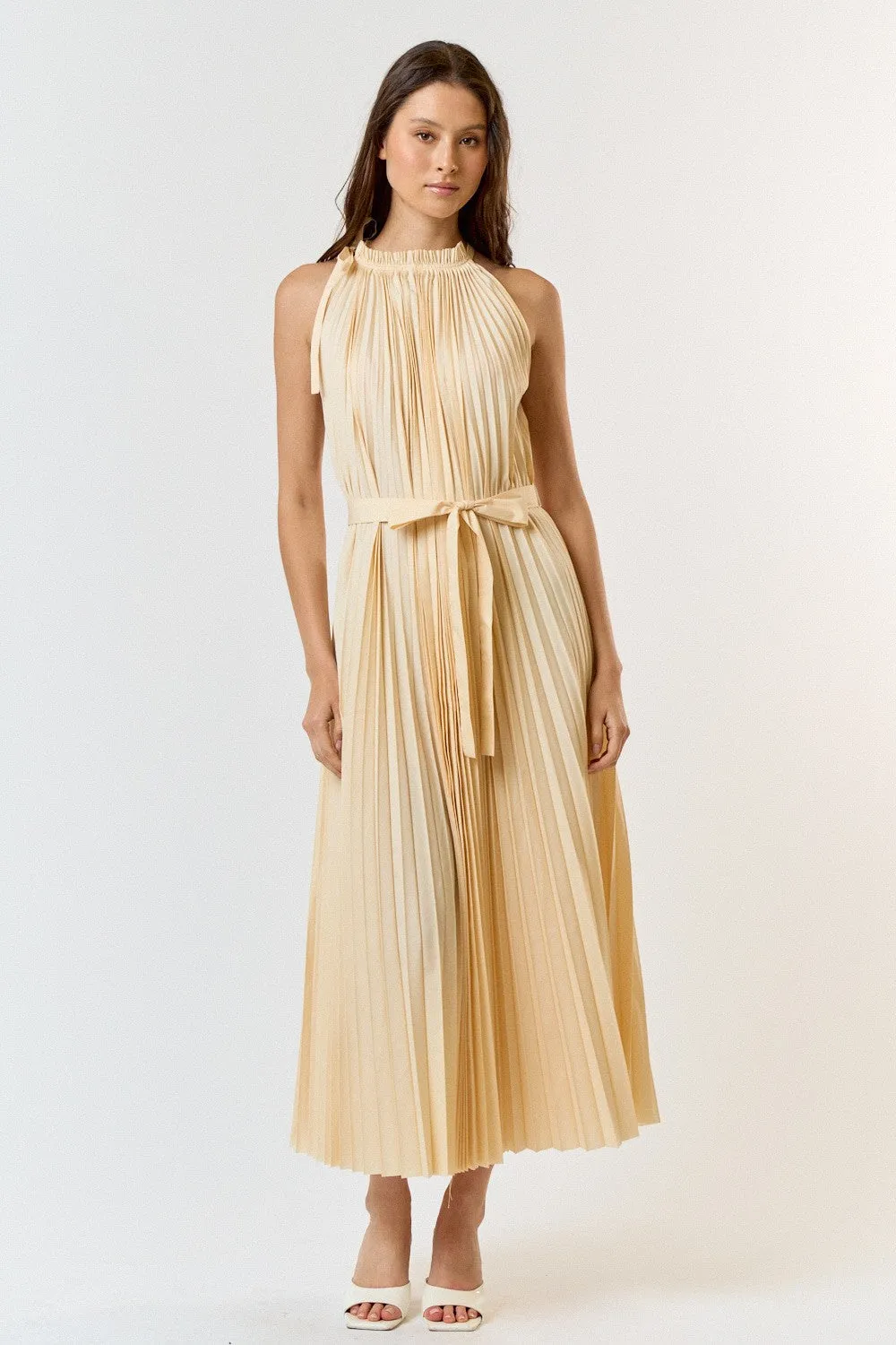 Cream Pleated Empire Tied Waist Midi Dress sold by Pinkblush