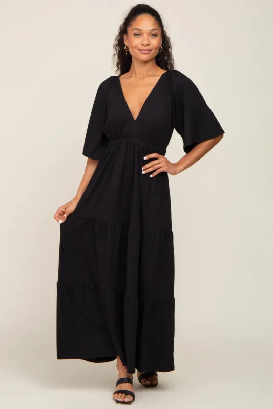 Black Deep V-Neck Tiered Maxi Dress sold by Pinkblush