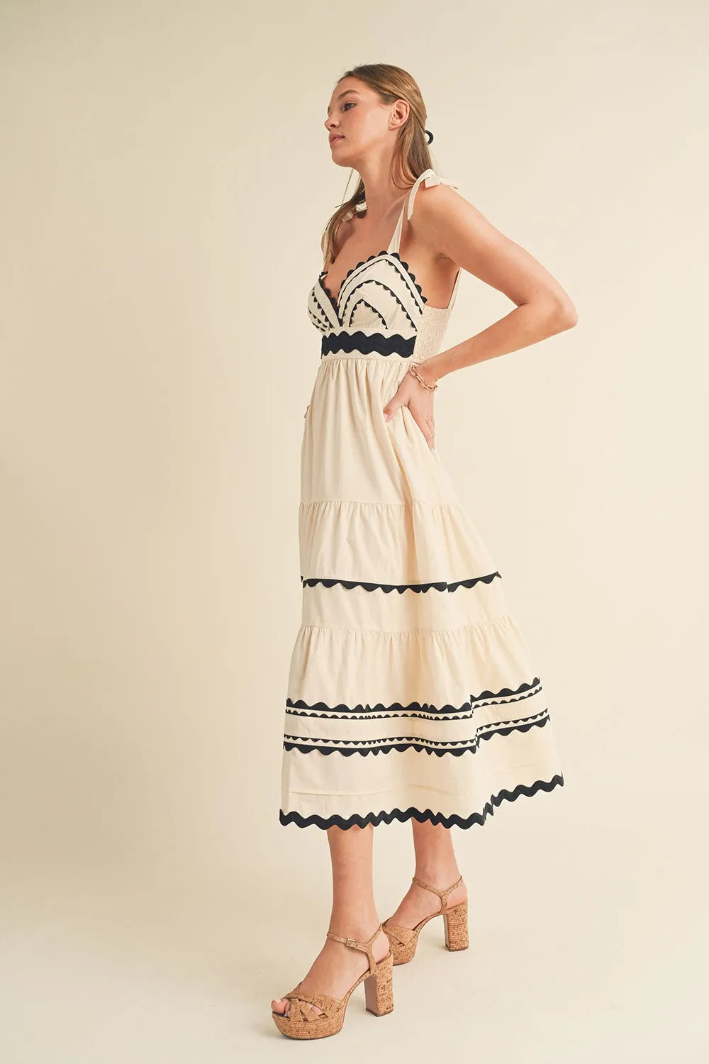 Almond Cream Tiered Trim Midi Dress sold by Pinkblush product image thumbnail 4