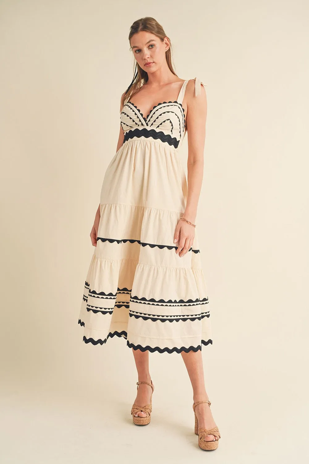 Almond Cream Tiered Trim Midi Dress sold by Pinkblush