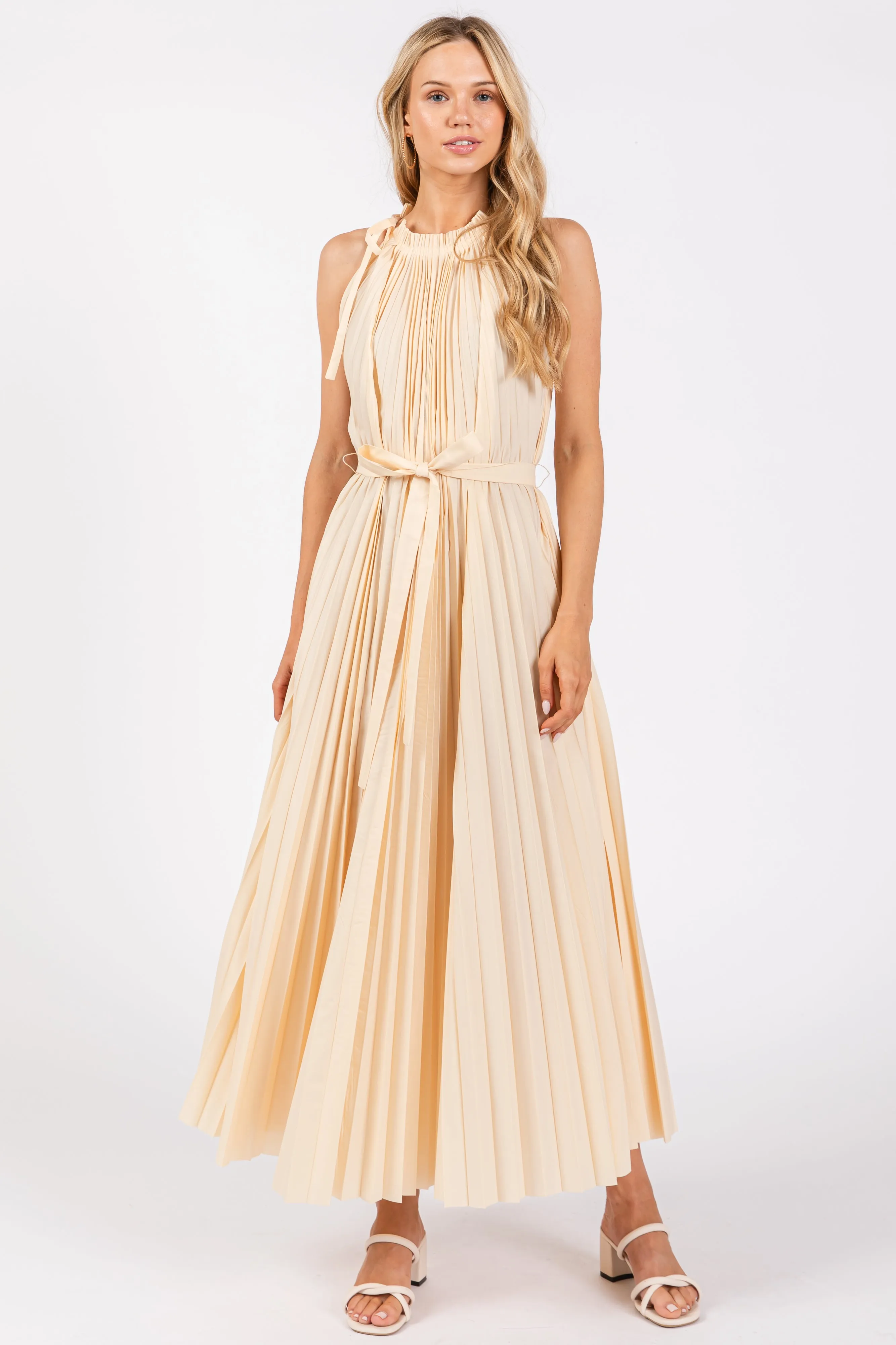 Cream Pleated Empire Tied Waist Midi Dress sold by Pinkblush product image thumbnail 2