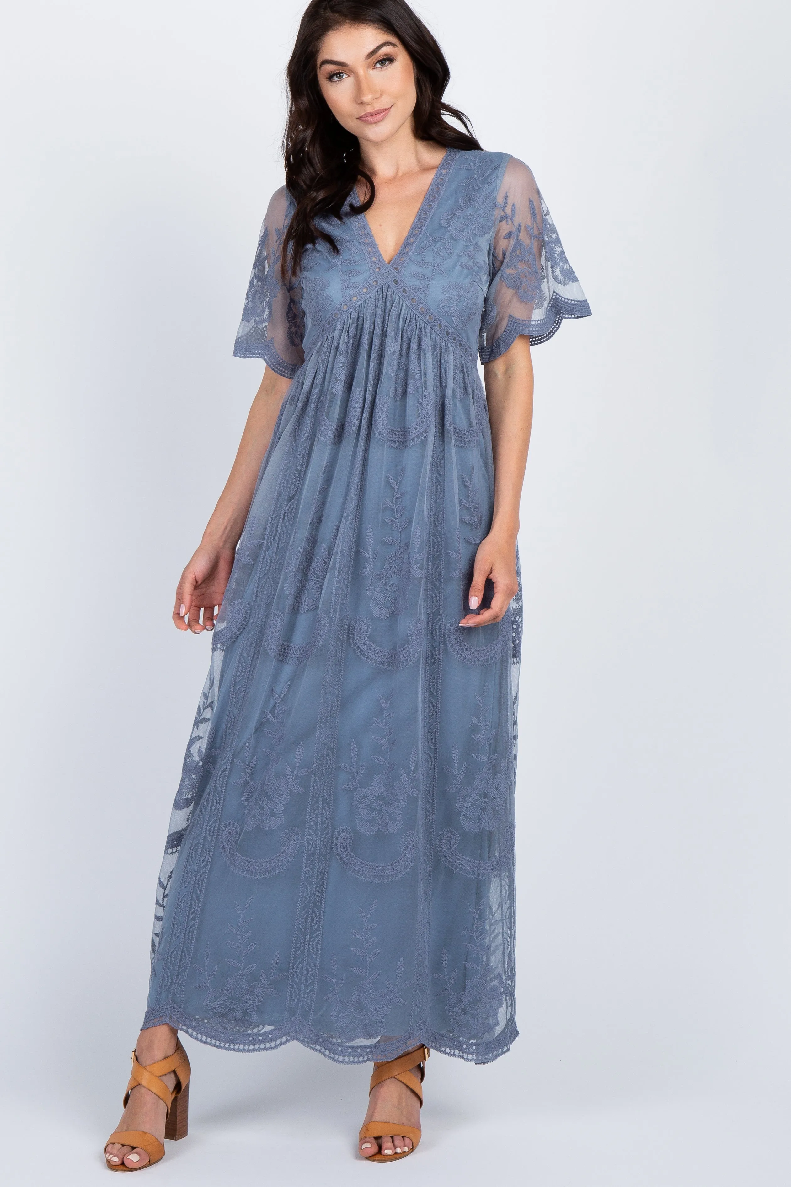 PinkBlush Blue Lace Mesh Overlay Maxi Dress sold by Pinkblush