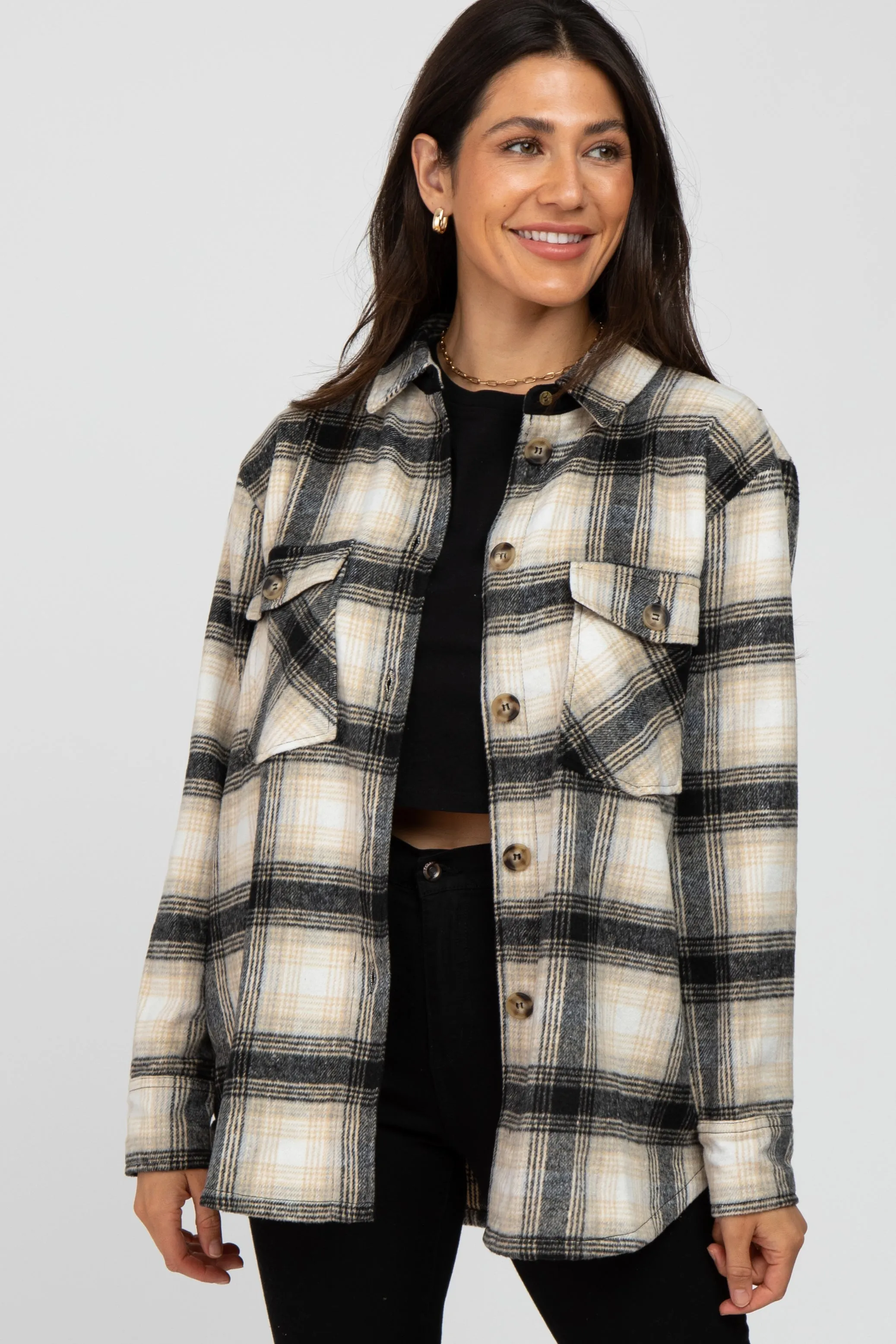 Black Soft Plaid Flannel Shacket sold by Pinkblush
