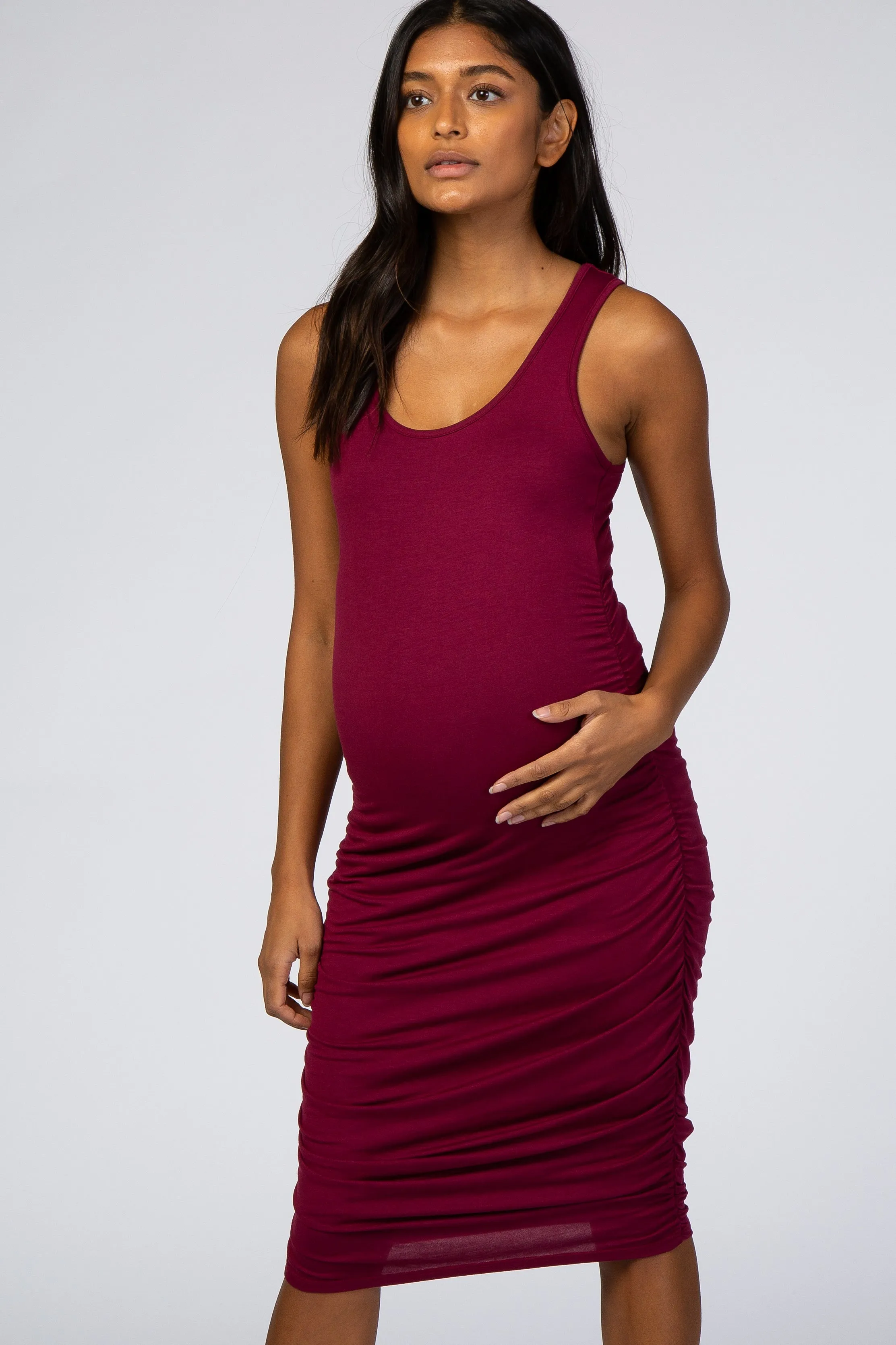 Burgundy Solid Ruched Fitted Maternity Bodycon Midi Dress sold by Pinkblush product image thumbnail 2