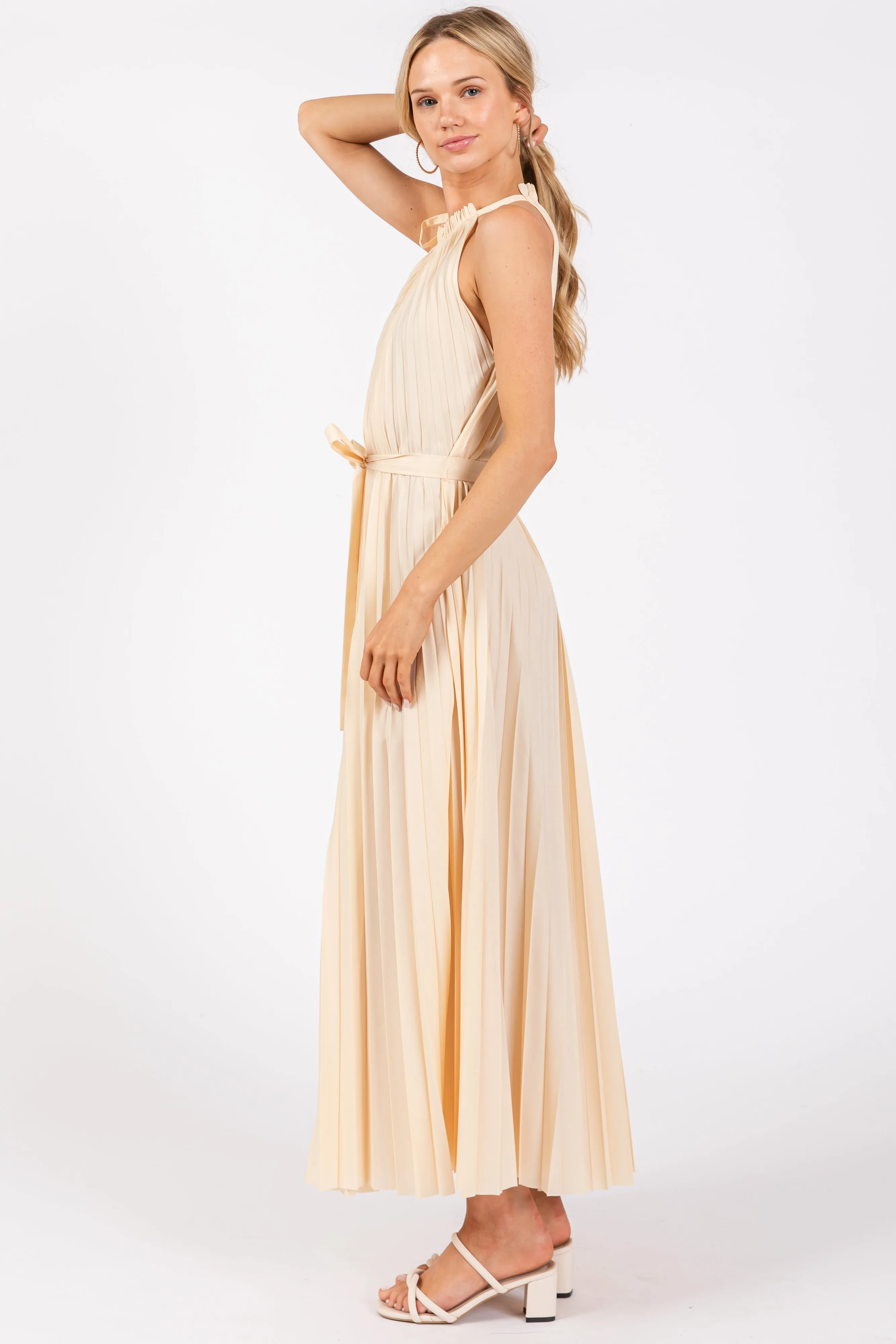 Cream Pleated Empire Tied Waist Midi Dress sold by Pinkblush product image thumbnail 3