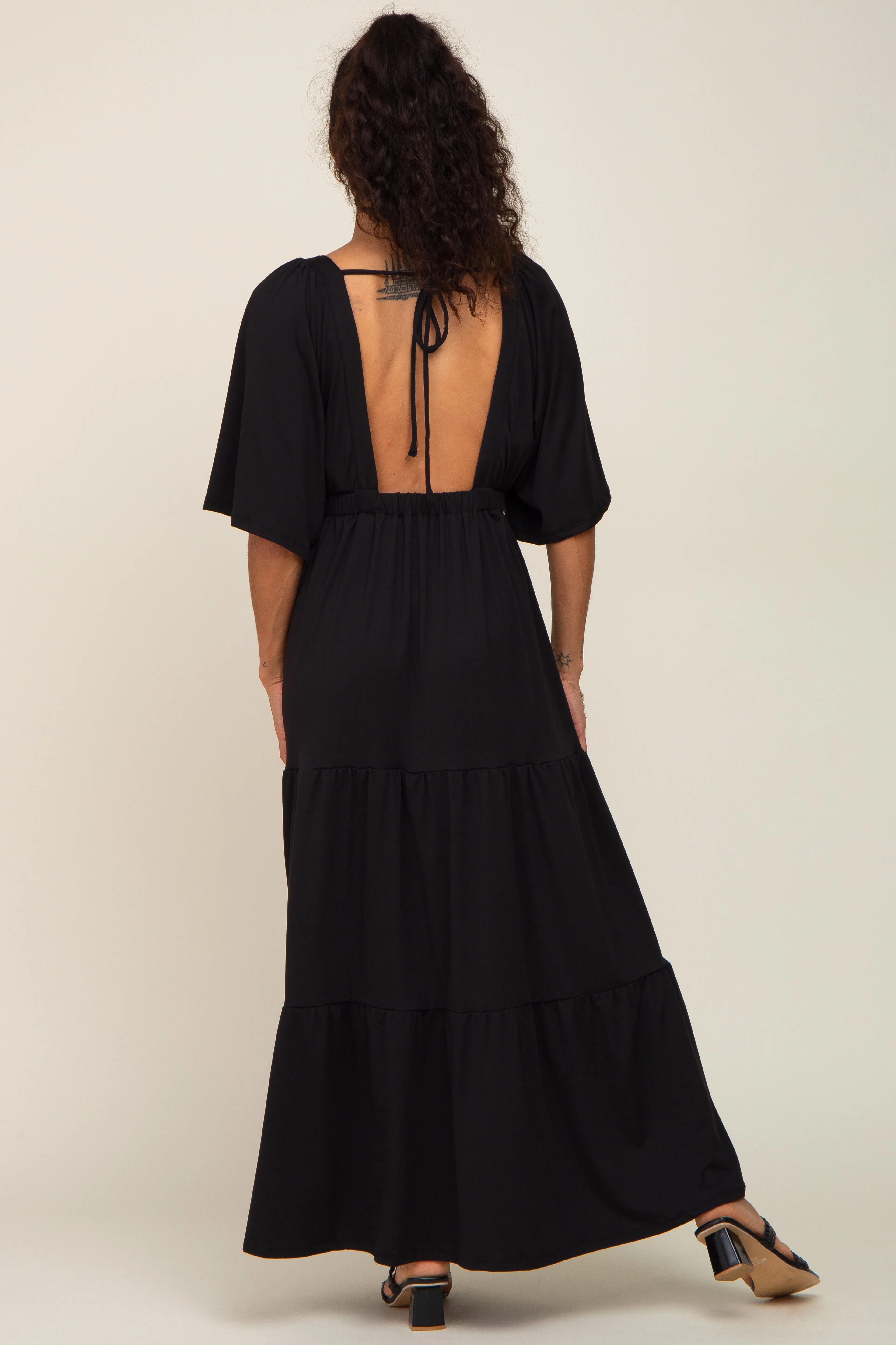 Black Deep V-Neck Tiered Maxi Dress sold by Pinkblush product image thumbnail 3