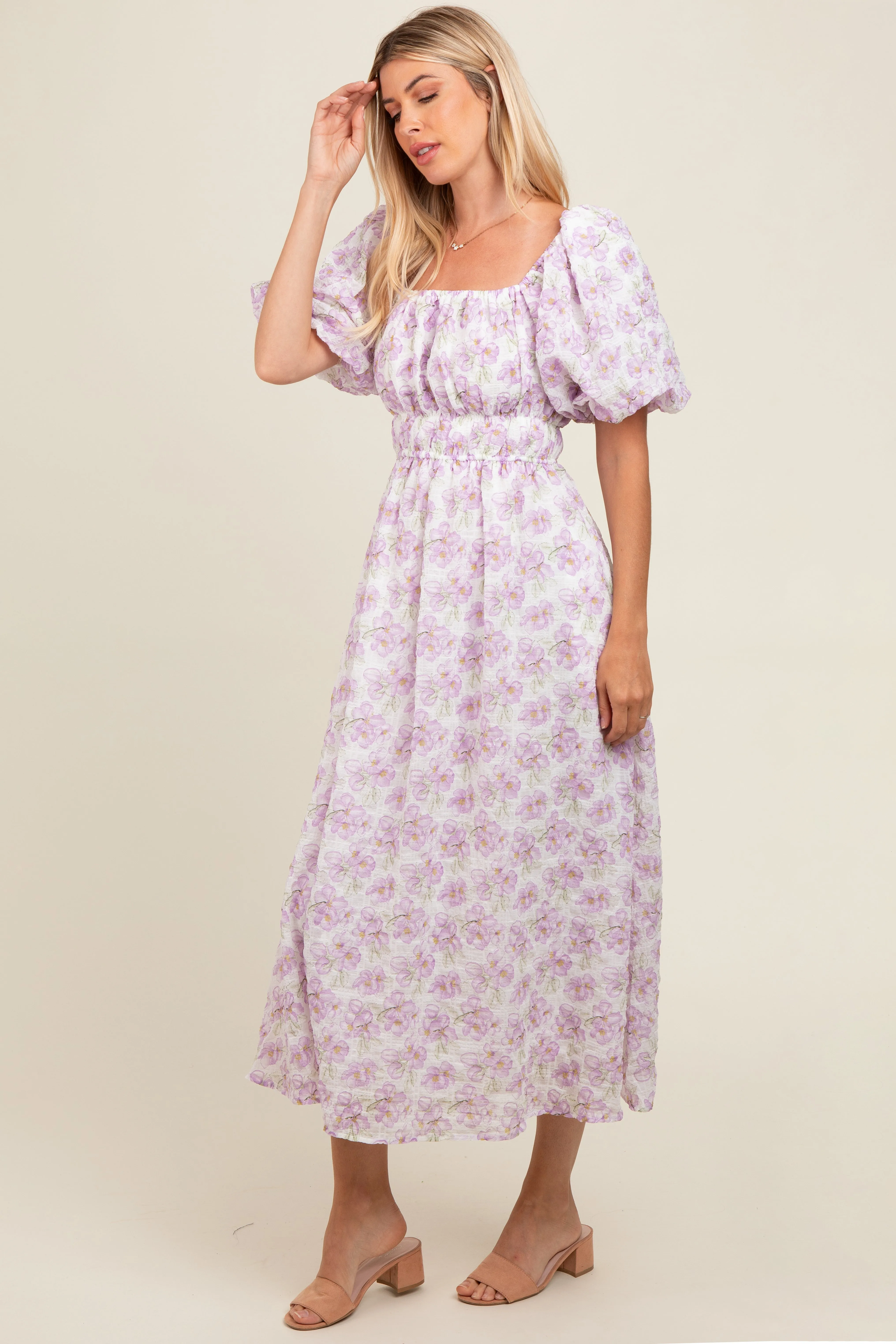 Lavender Floral Puff Sleeve Midi Dress sold by Pinkblush product image thumbnail 3