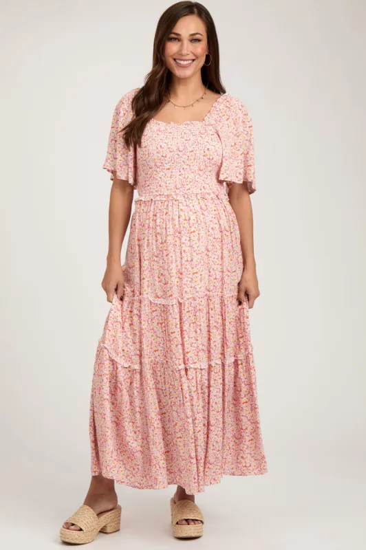 Pink Floral Smocked Tiered Maternity Maxi Dress sold by Pinkblush