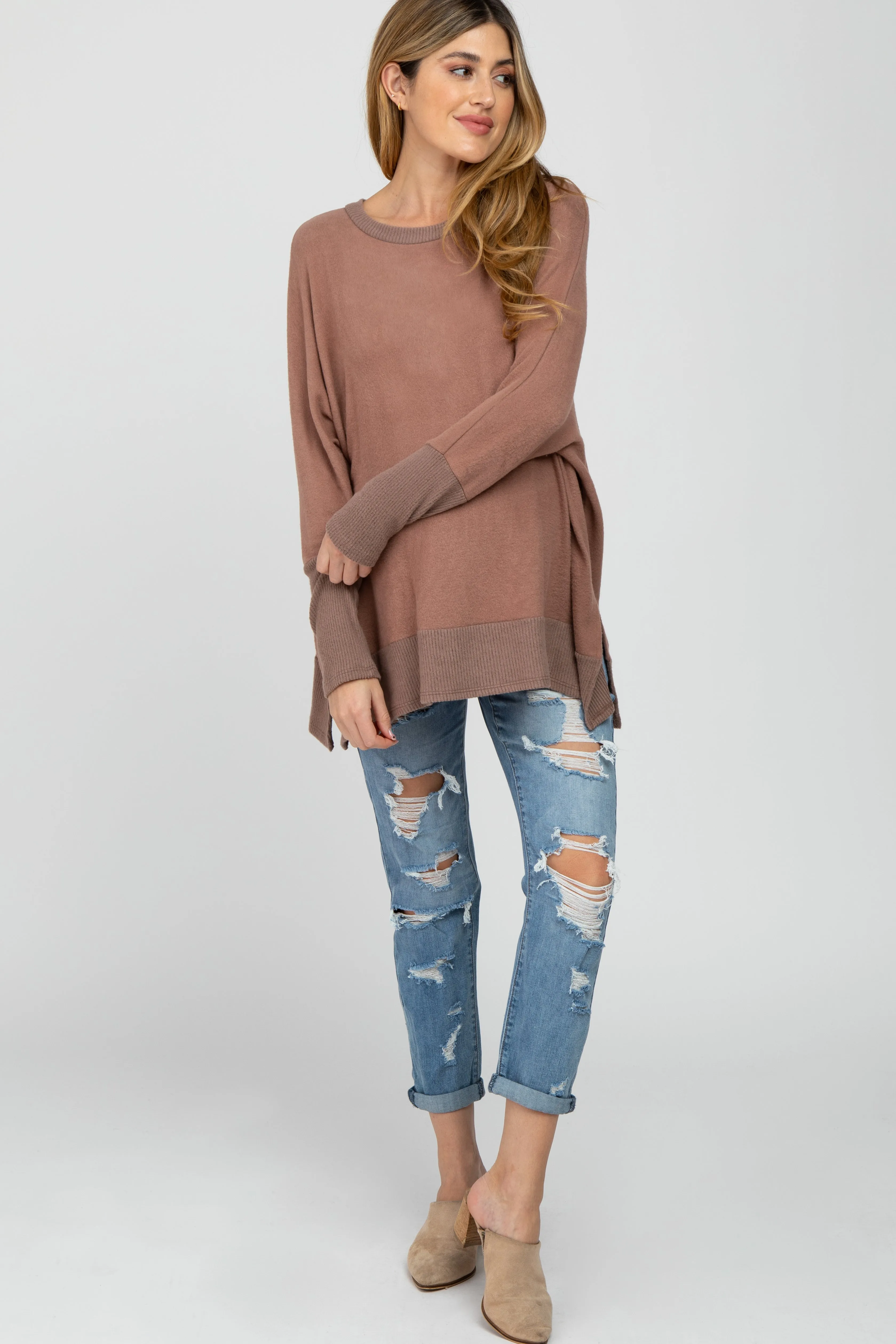 Mocha Soft Brushed Knit Dolman Sleeve Side Slit Maternity Top sold by Pinkblush product image thumbnail 2