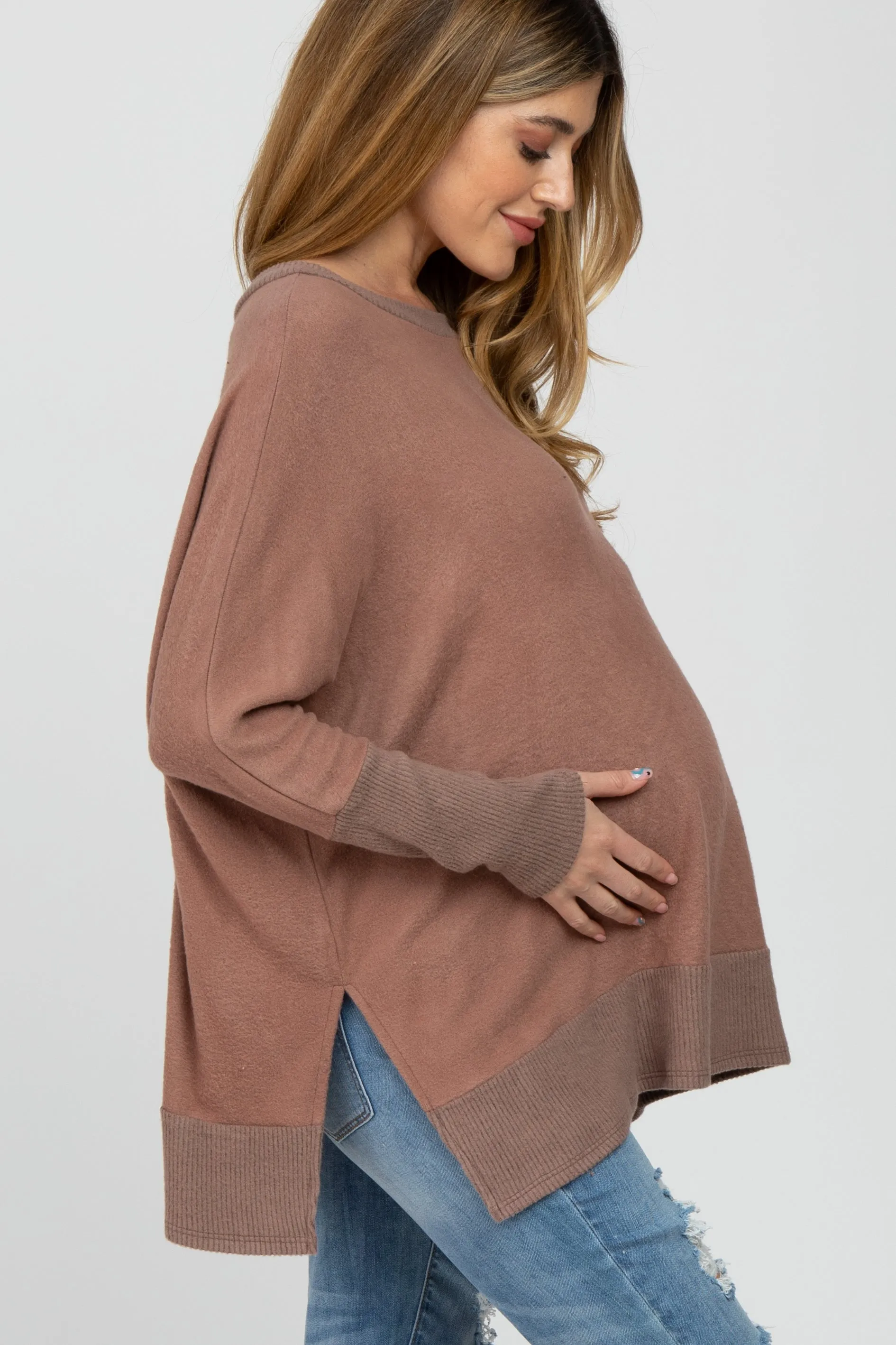 Mocha Soft Brushed Knit Dolman Sleeve Side Slit Maternity Top sold by Pinkblush product image thumbnail 3