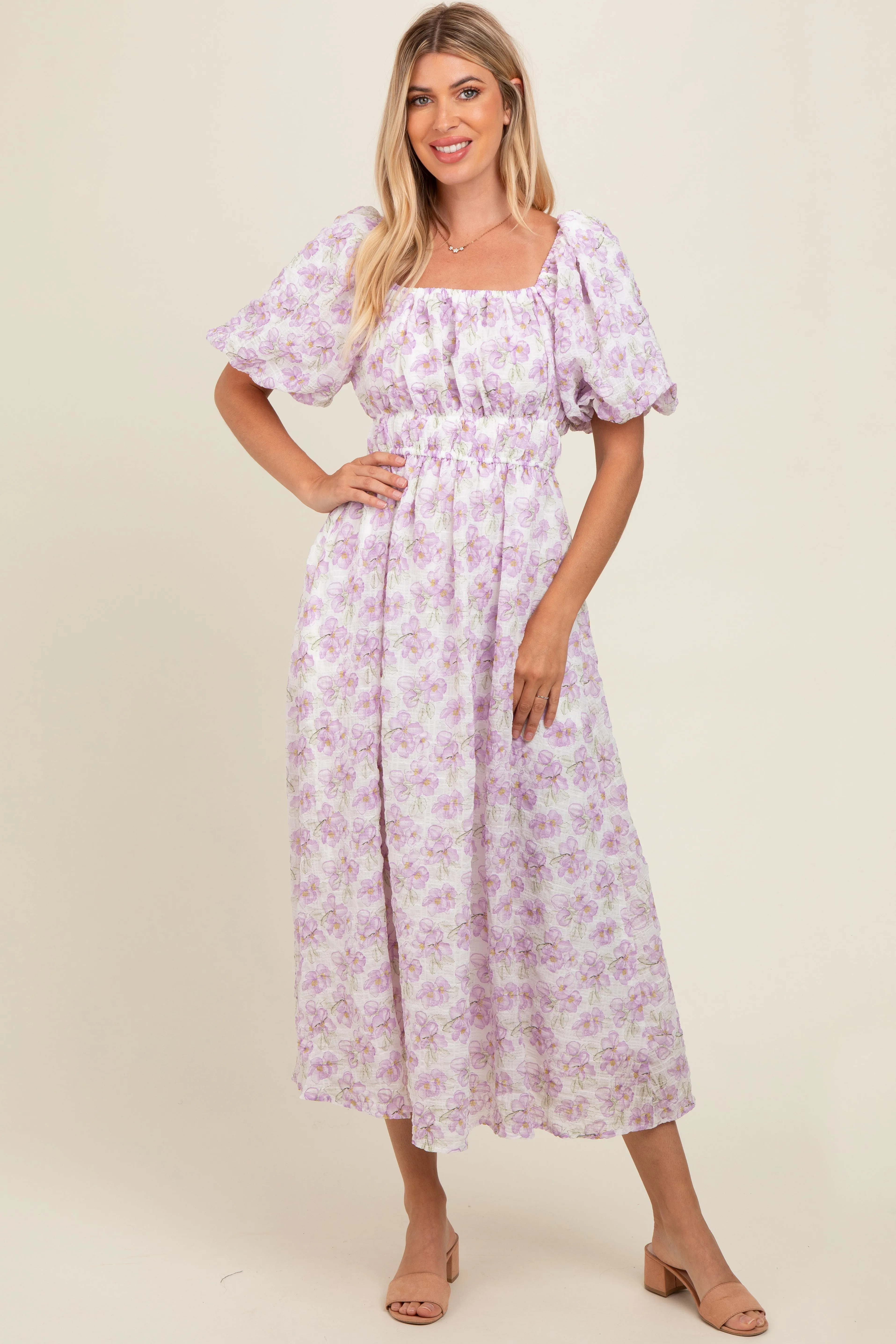 Lavender Floral Puff Sleeve Midi Dress sold by Pinkblush product image thumbnail 2