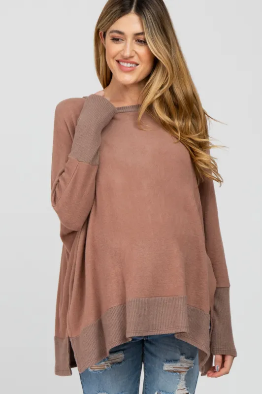 Mocha Soft Brushed Knit Dolman Sleeve Side Slit Maternity Top sold by Pinkblush