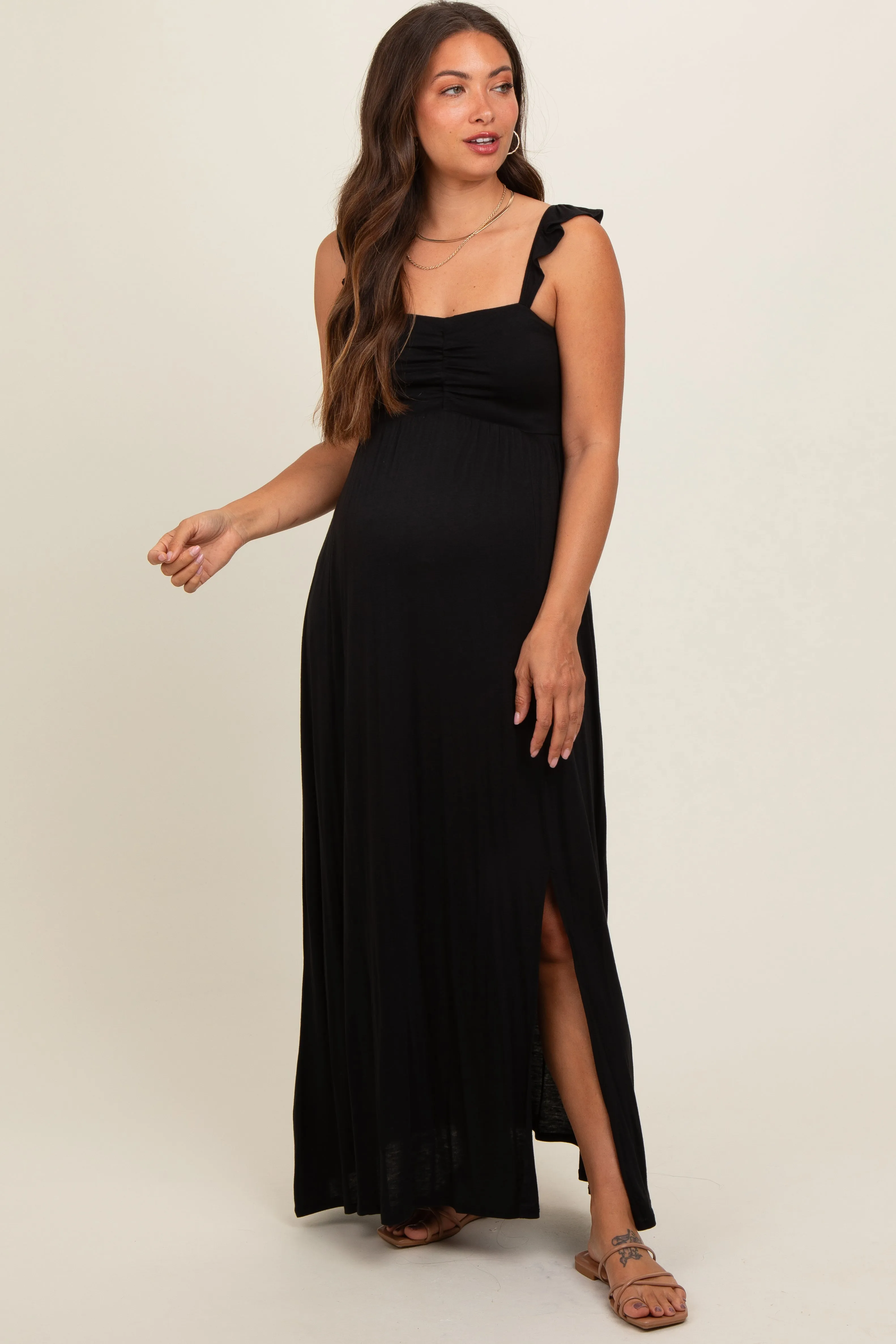 Black Ruffle Strap Maternity Maxi Dress sold by Pinkblush