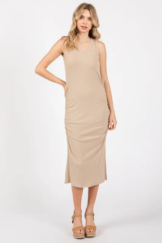 Taupe Sleeveless Ribbed Ruched Dress sold by Pinkblush