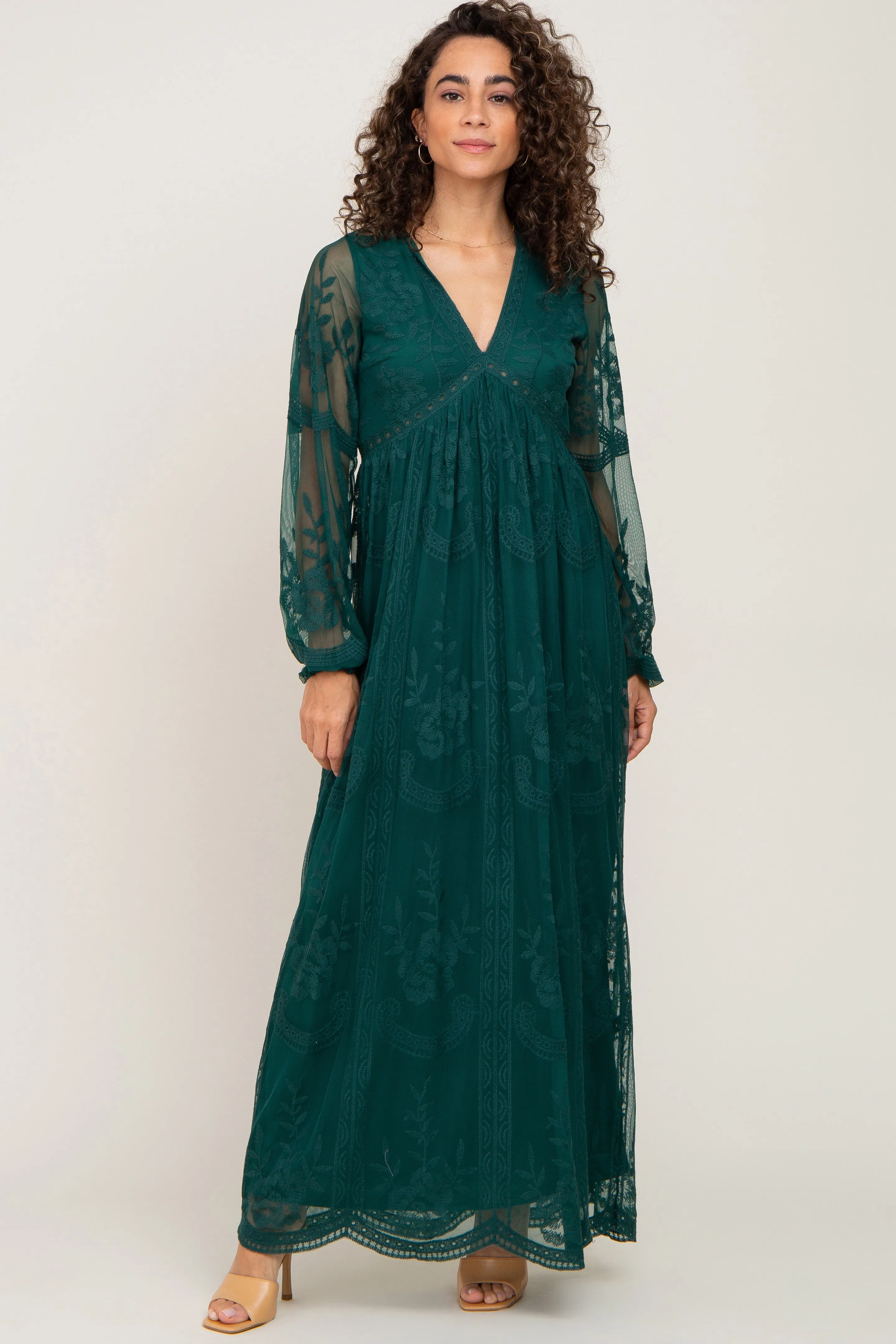 PinkBlush Forest Green Lace Mesh Overlay Long Sleeve Maxi Dress sold by Pinkblush