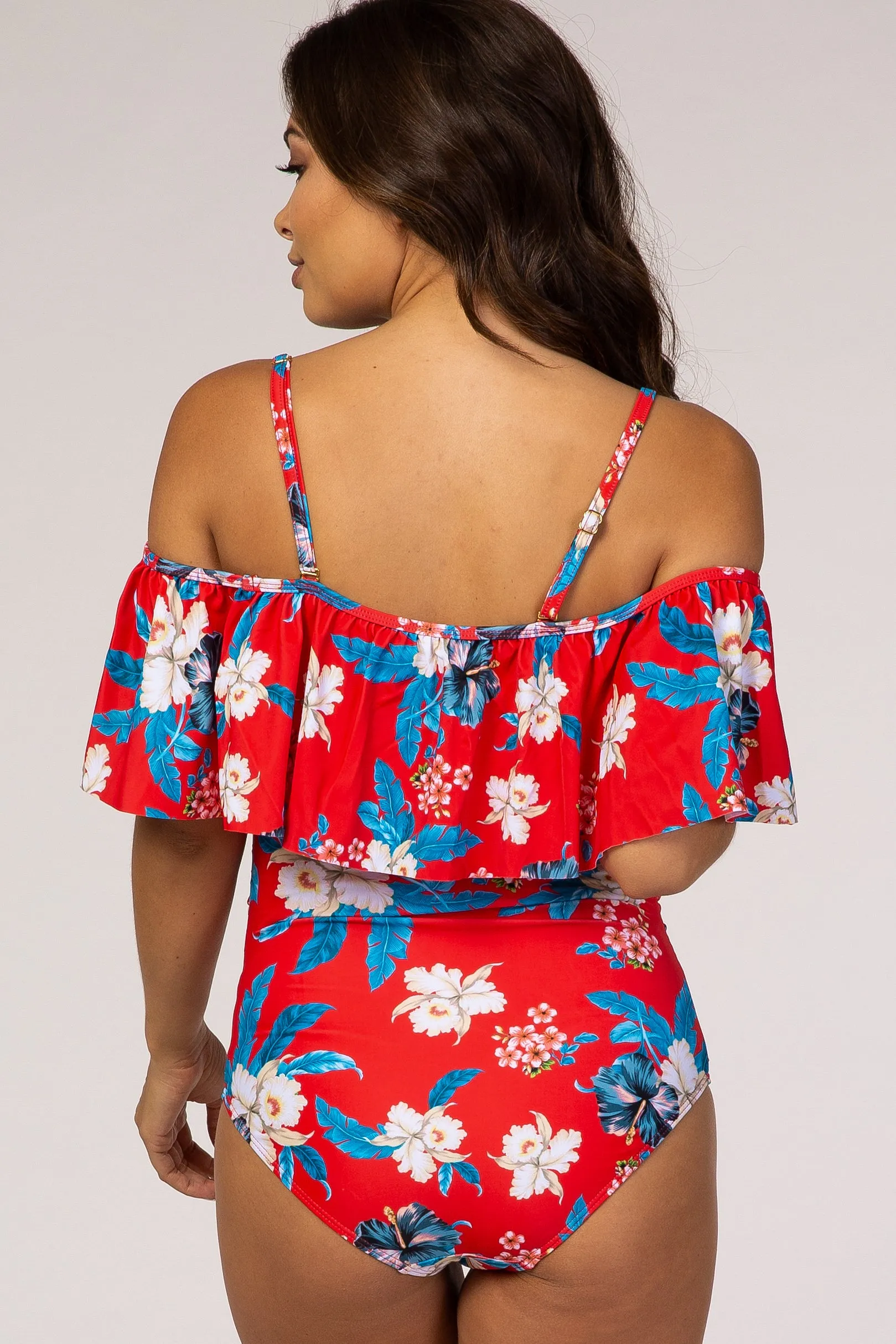 Red Floral Ruffle Trim Ruched One-Piece Maternity Swimsuit sold by Pinkblush product image thumbnail 4