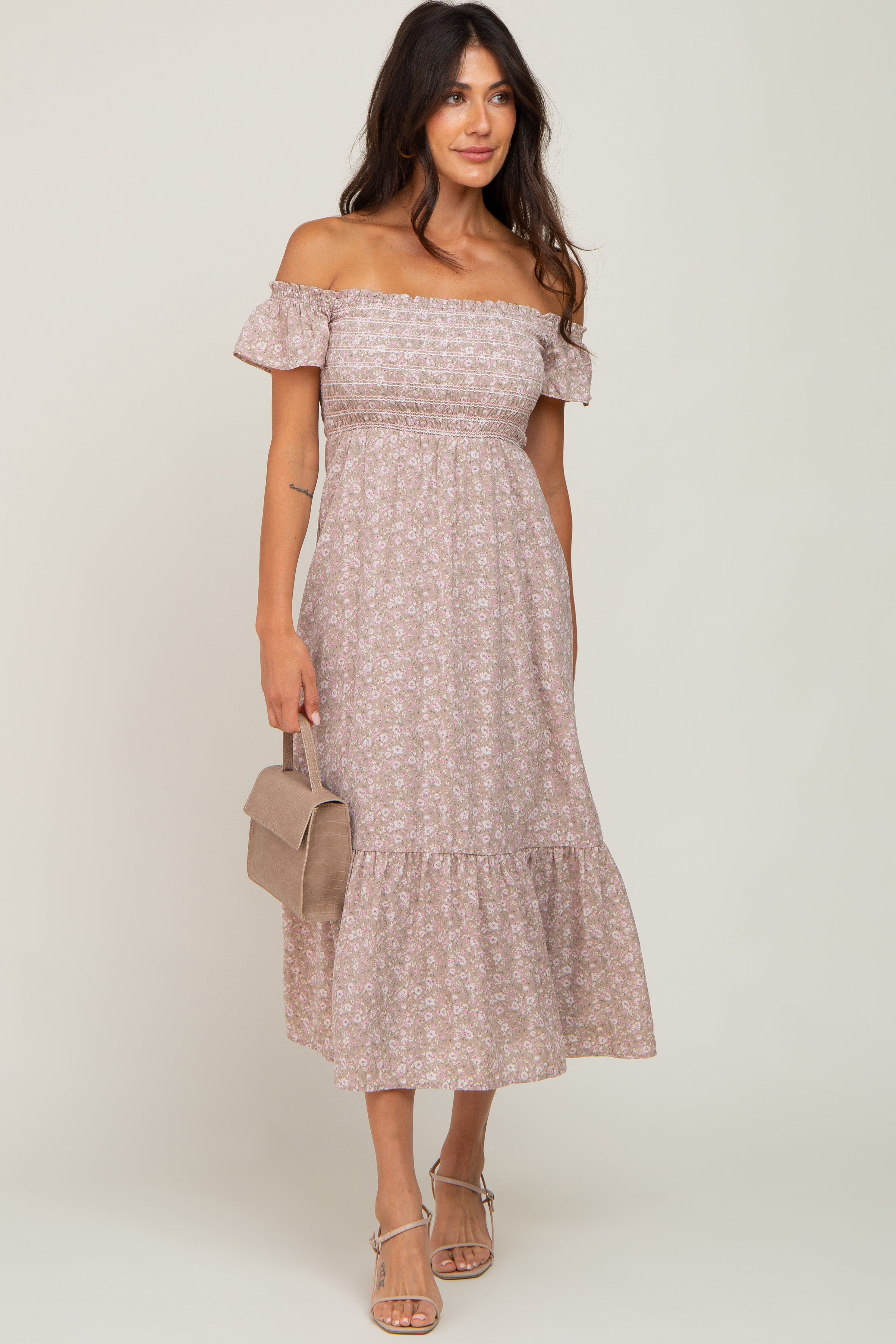 Light Pink Floral Smocked Square Neck Midi Dress sold by Pinkblush product image thumbnail 5