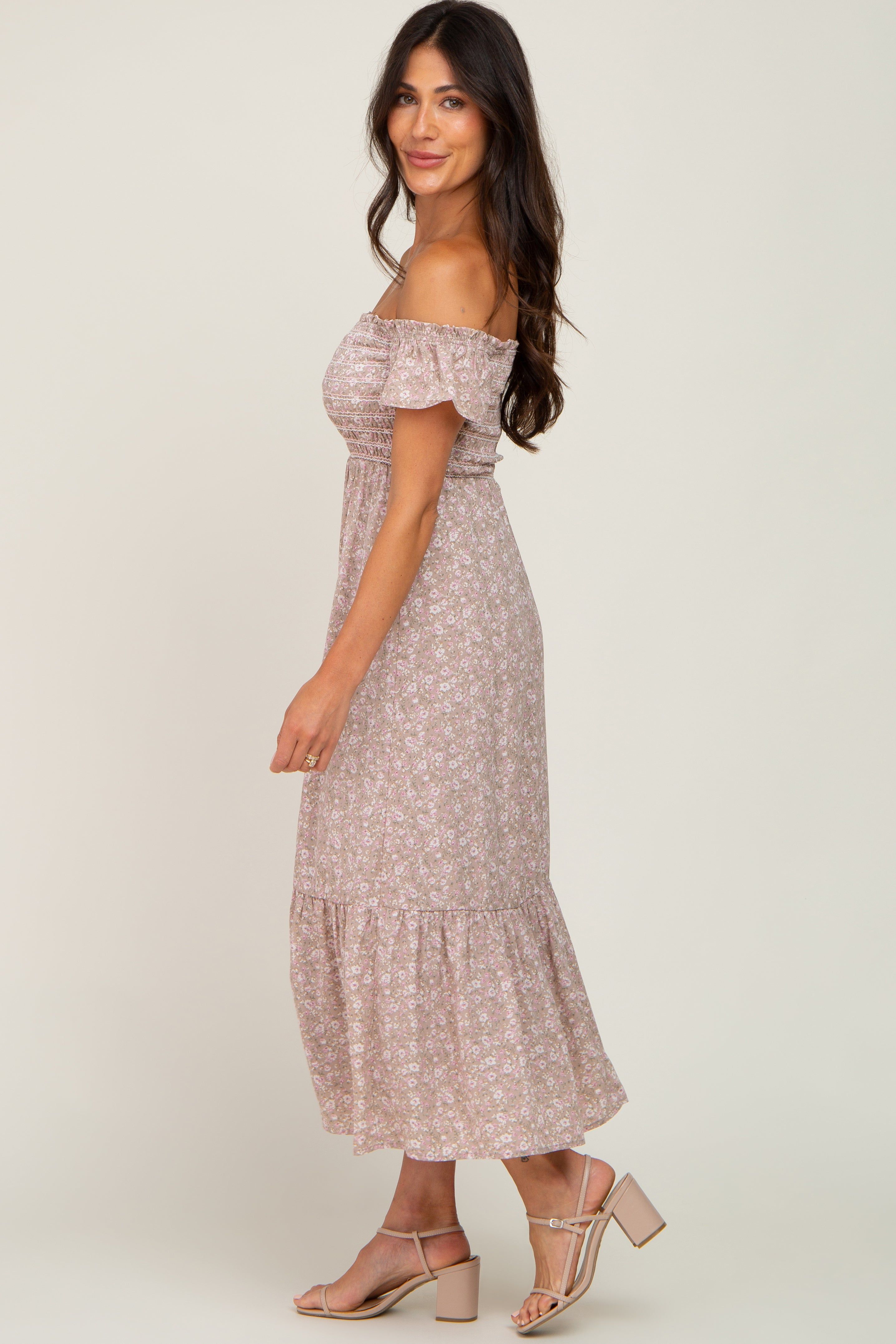 Light Pink Floral Smocked Square Neck Midi Dress sold by Pinkblush product image thumbnail 2