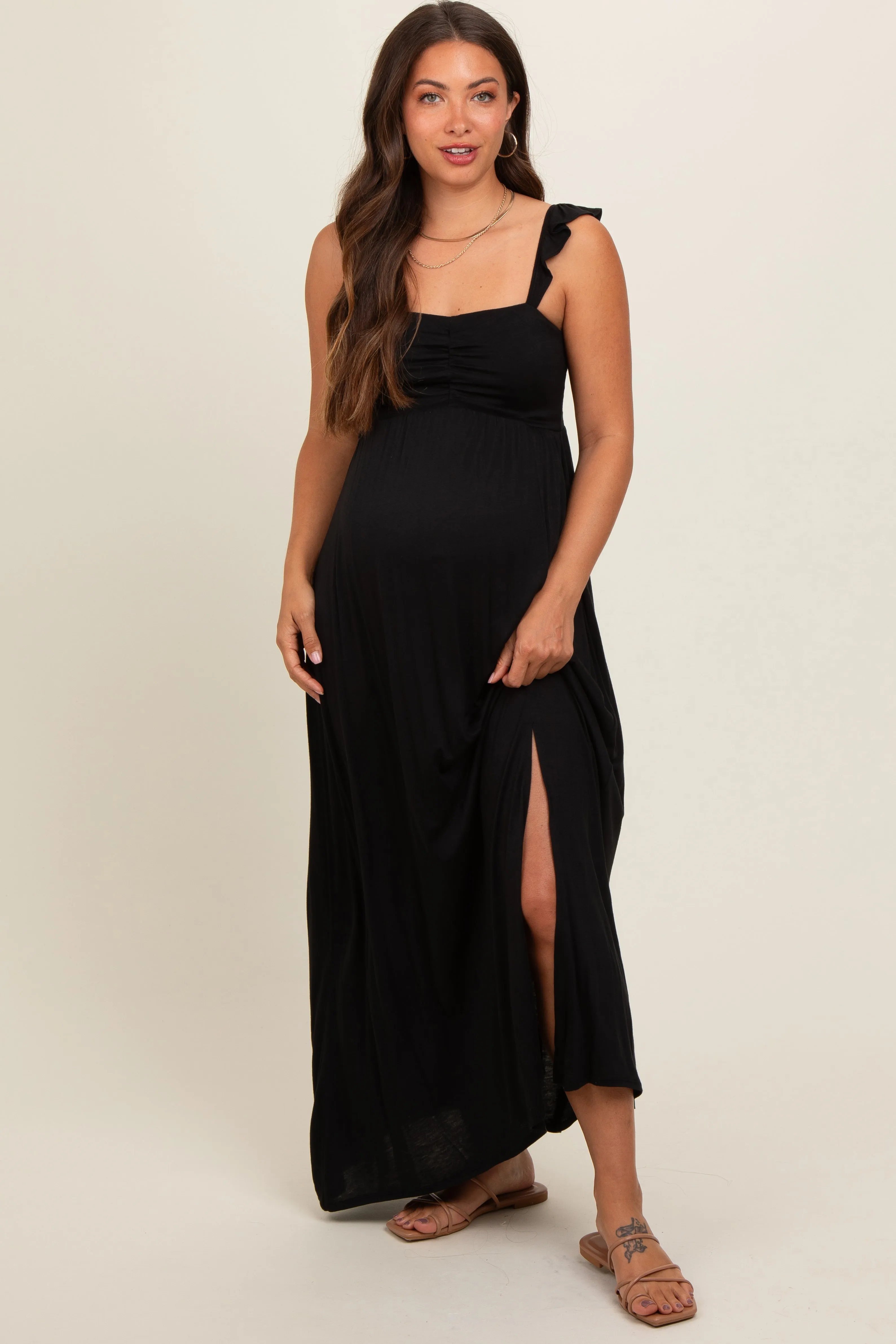 Black Ruffle Strap Maternity Maxi Dress sold by Pinkblush product image thumbnail 2