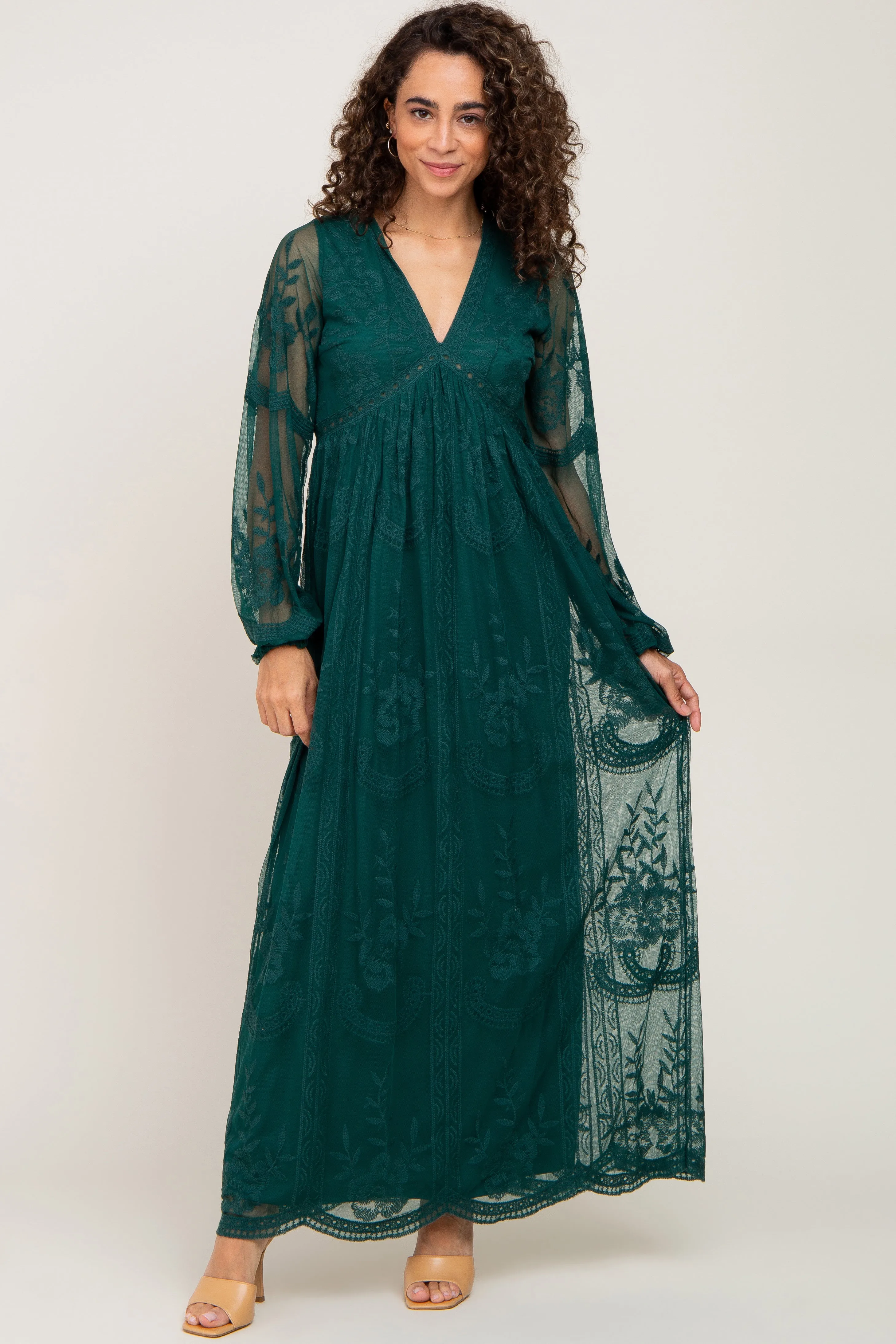 PinkBlush Forest Green Lace Mesh Overlay Long Sleeve Maxi Dress sold by Pinkblush product image thumbnail 4