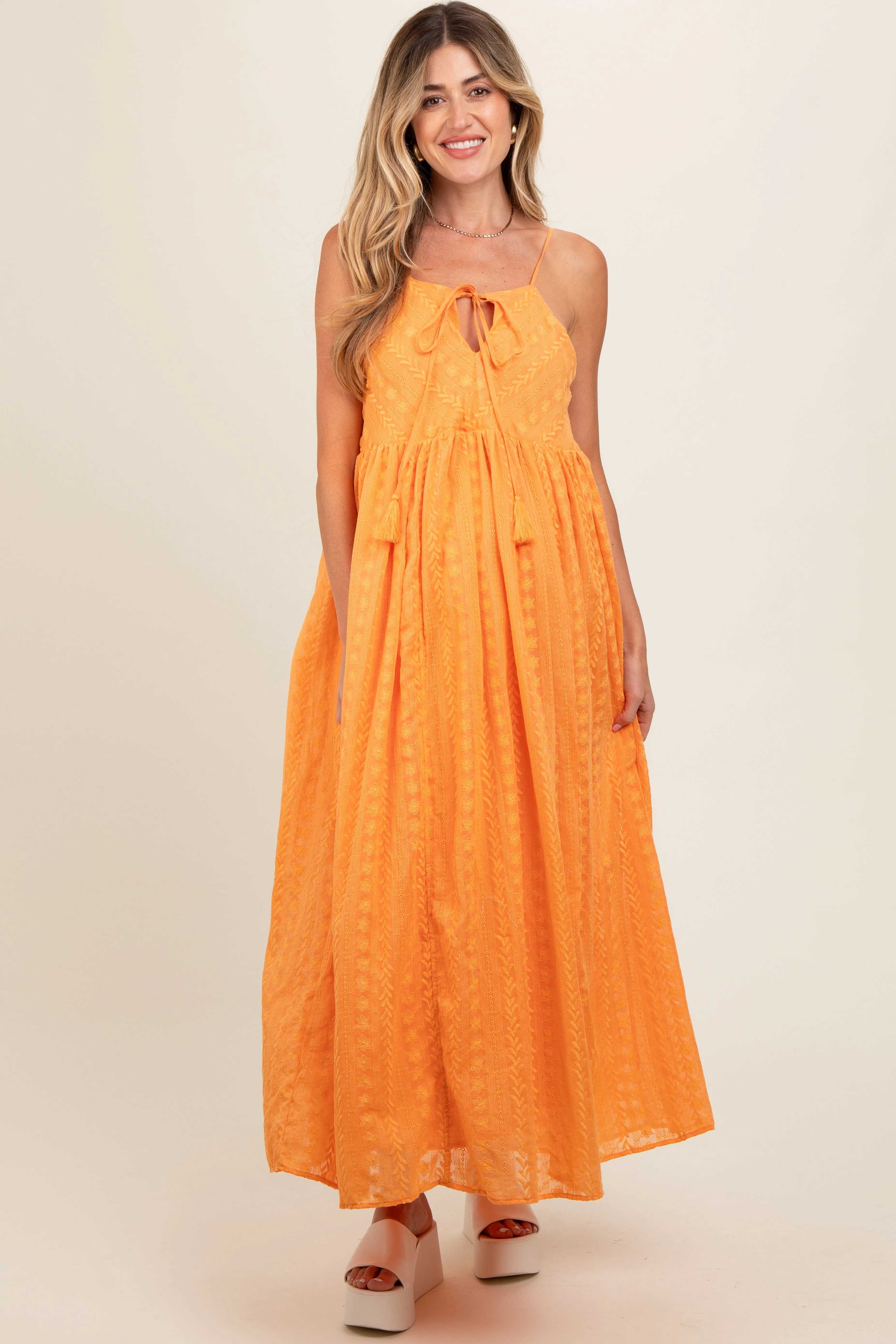 Orange Embroidered Tassel Tie Maternity Maxi Dress sold by Pinkblush