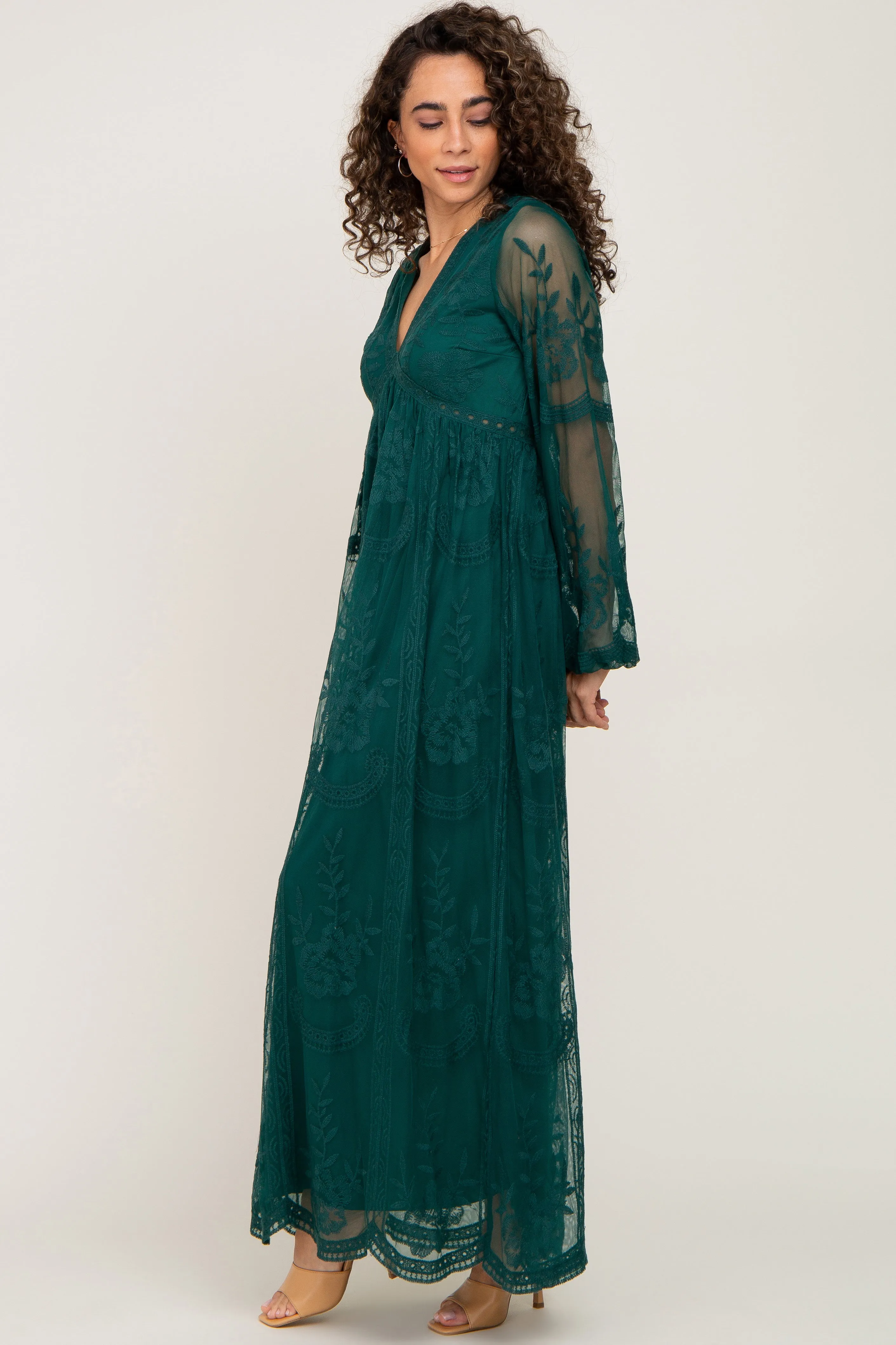 PinkBlush Forest Green Lace Mesh Overlay Long Sleeve Maxi Dress sold by Pinkblush product image thumbnail 2