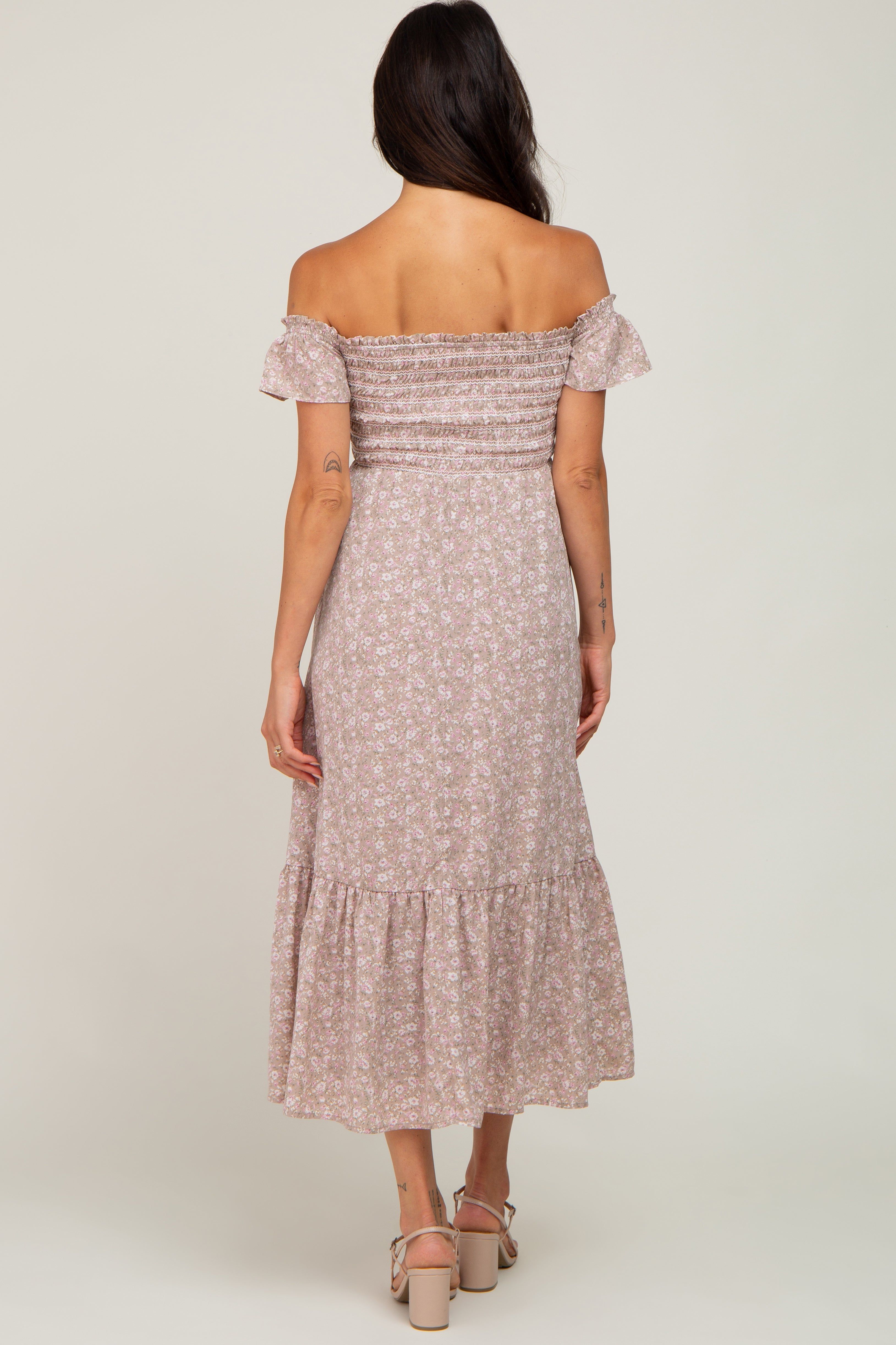 Light Pink Floral Smocked Square Neck Midi Dress sold by Pinkblush product image thumbnail 3