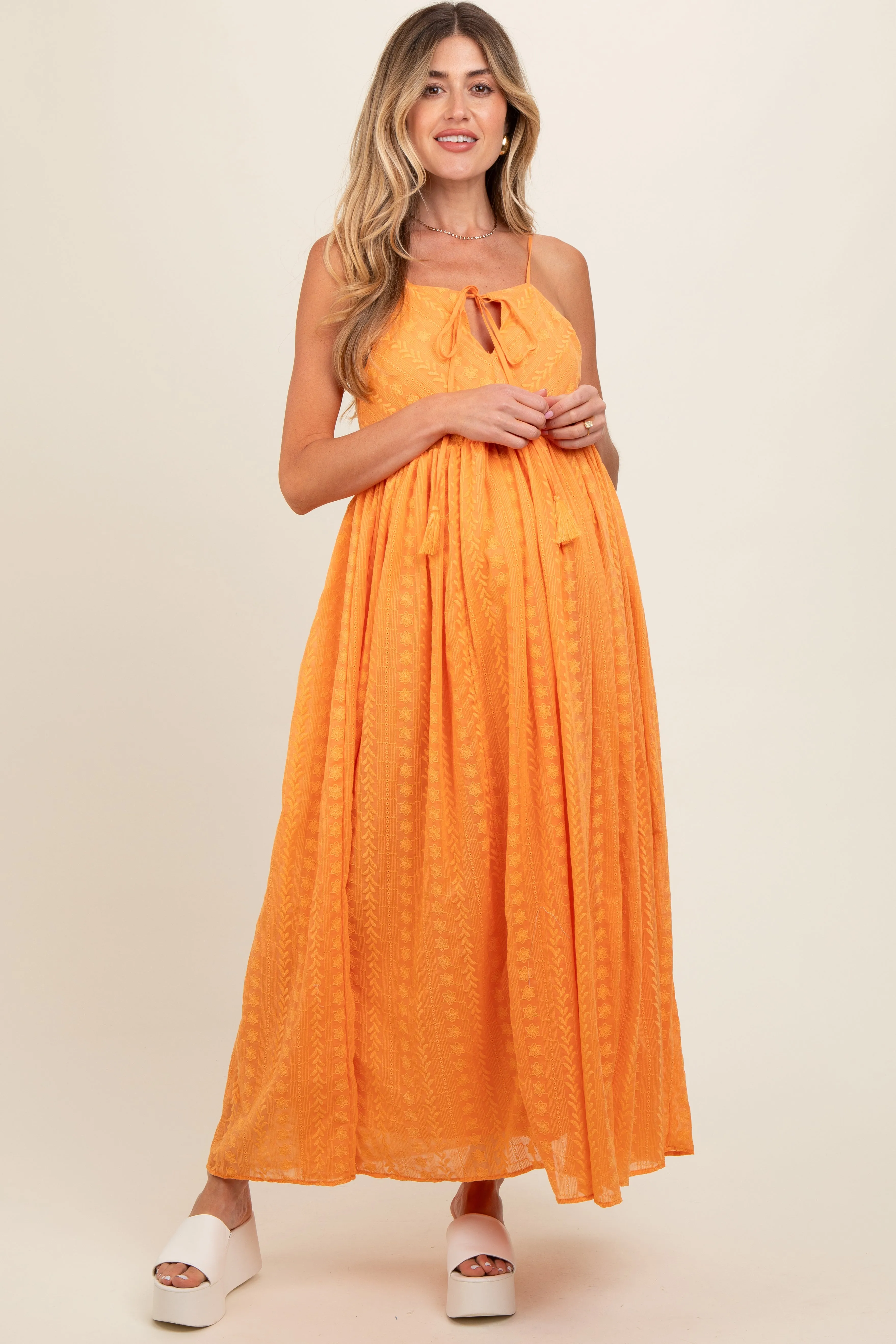 Orange Embroidered Tassel Tie Maternity Maxi Dress sold by Pinkblush product image thumbnail 2