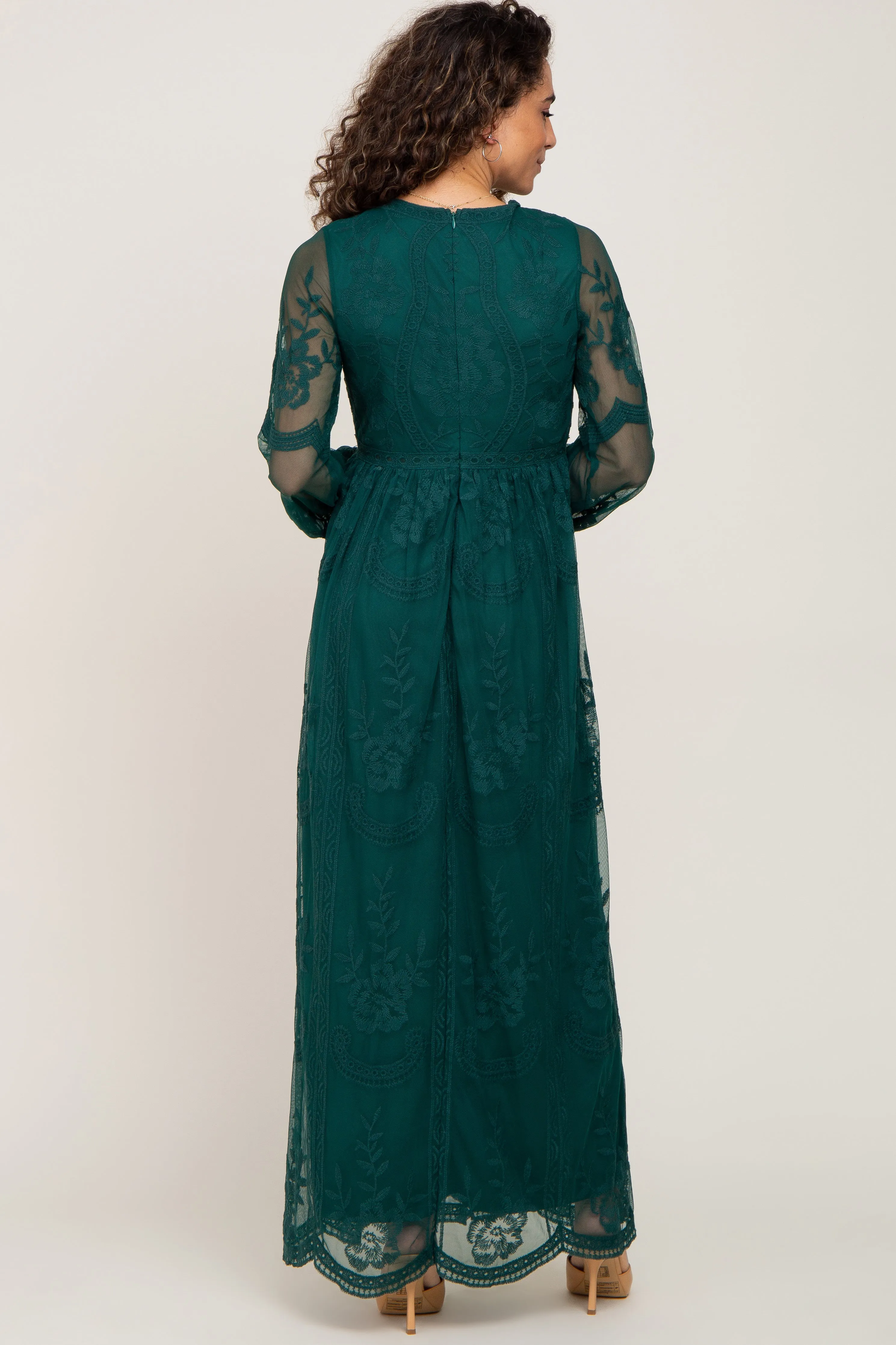 PinkBlush Forest Green Lace Mesh Overlay Long Sleeve Maxi Dress sold by Pinkblush product image thumbnail 3