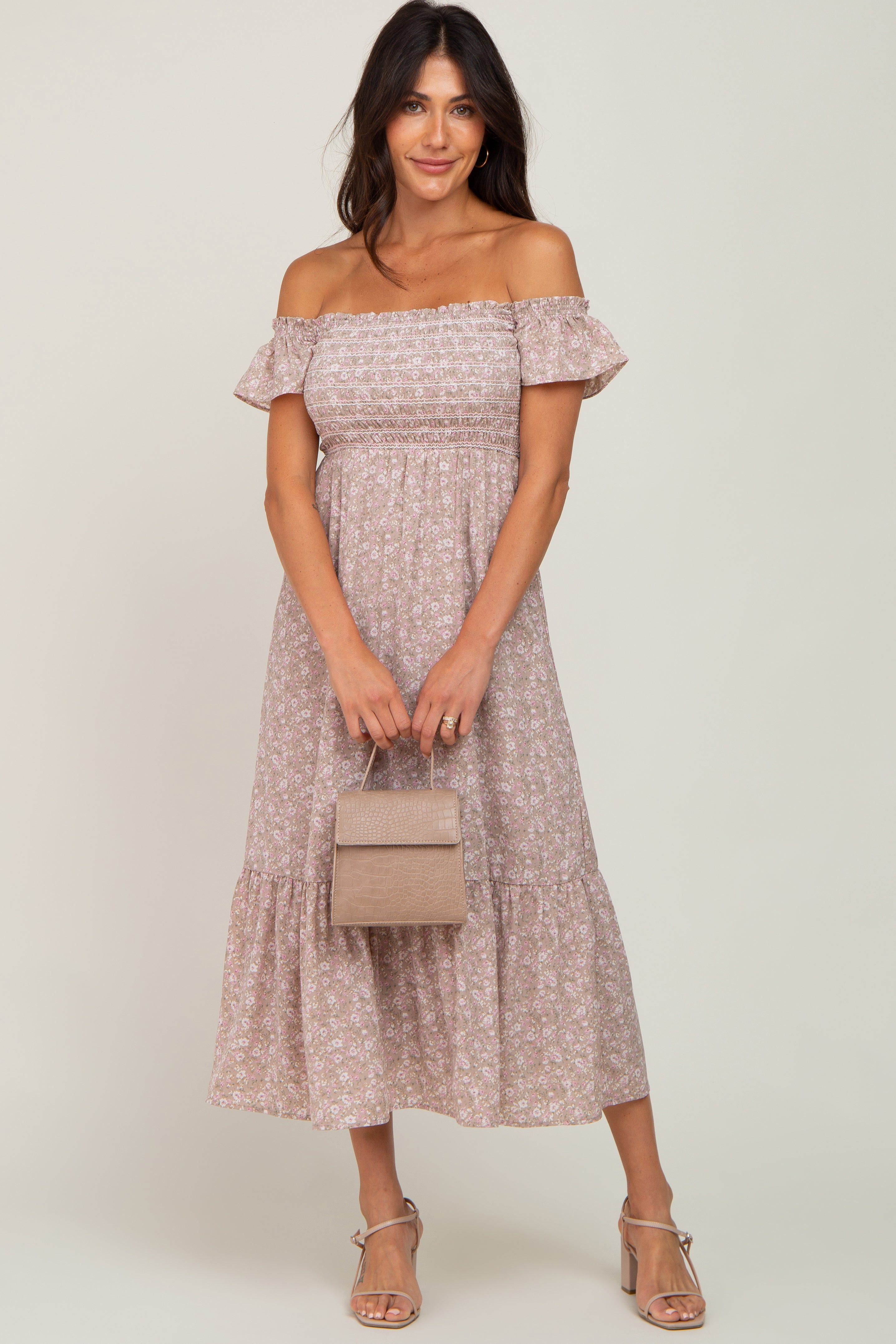 Light Pink Floral Smocked Square Neck Midi Dress sold by Pinkblush product image thumbnail 4
