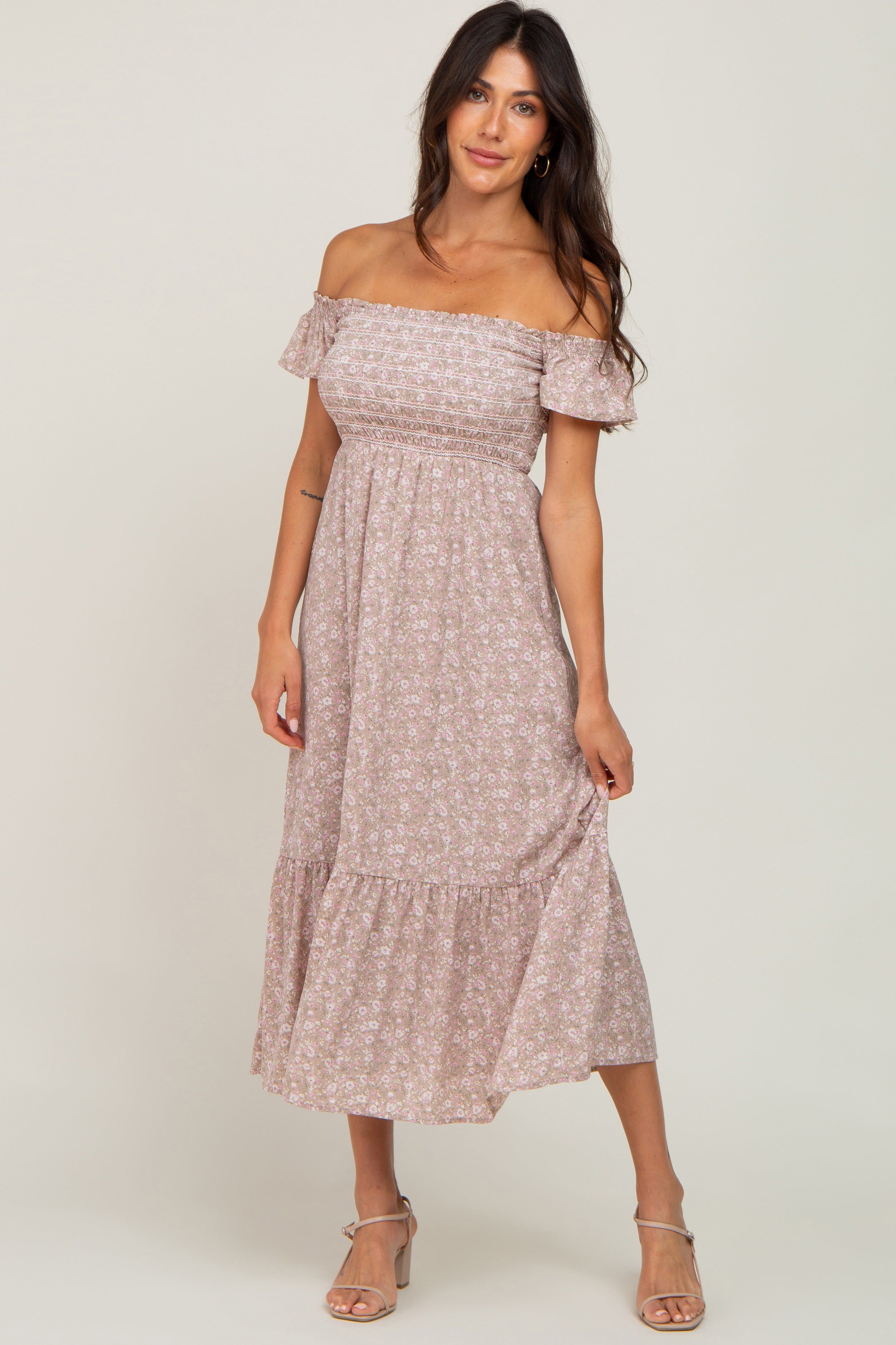 Light Pink Floral Smocked Square Neck Midi Dress sold by Pinkblush