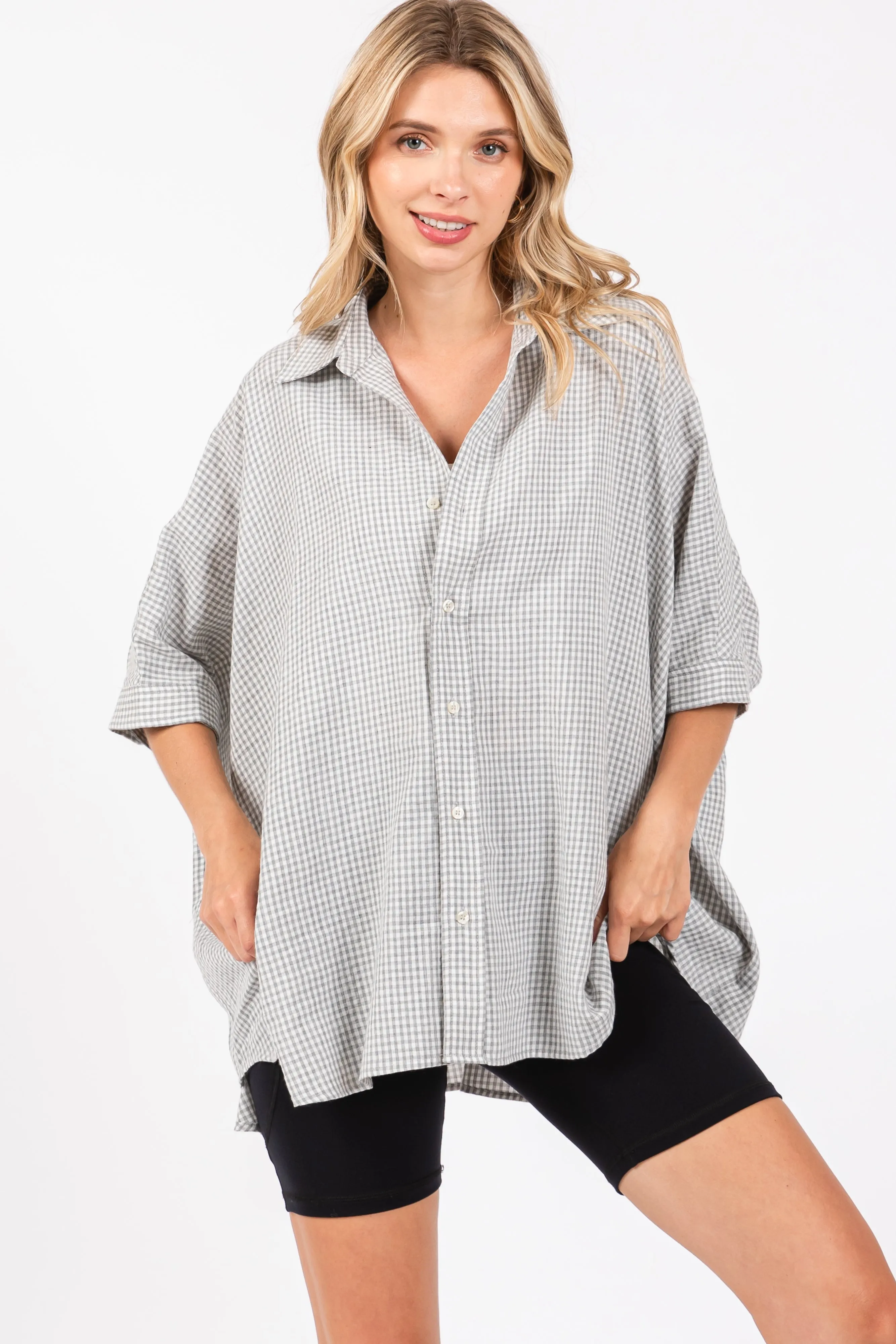 Grey Checkered Oversized Button Down Shirt sold by Pinkblush