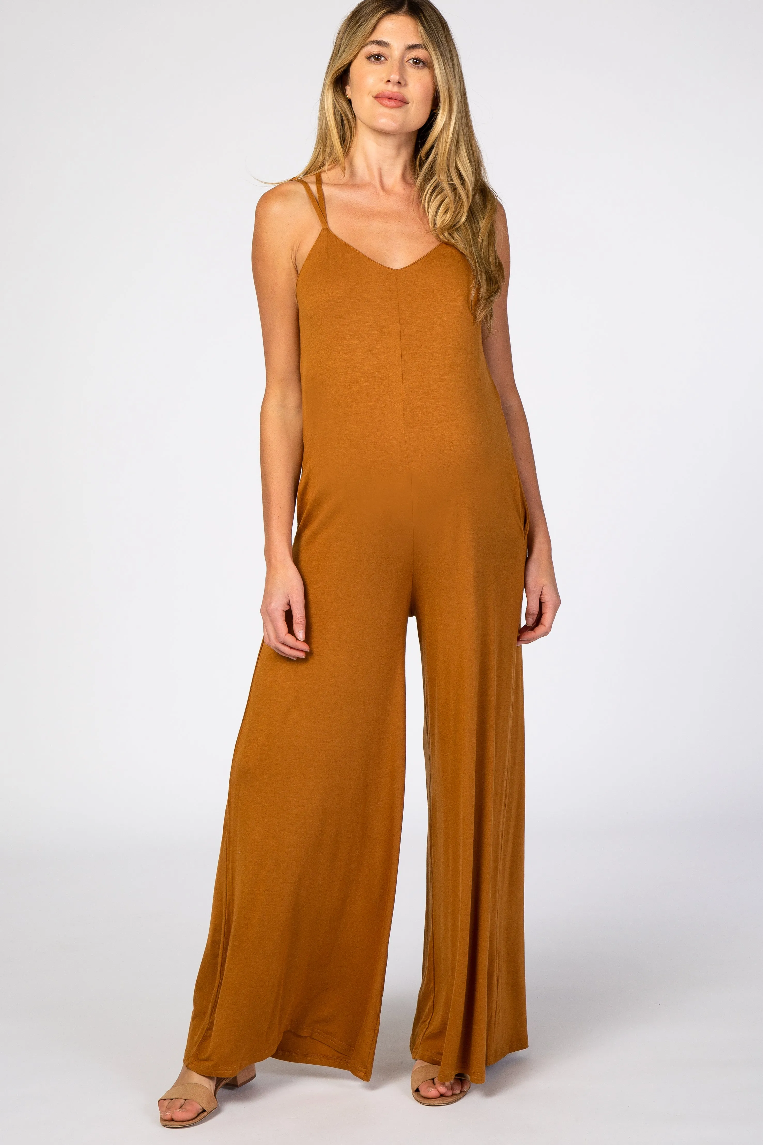 Camel Cross Back Wide Leg Maternity Jumpsuit sold by Pinkblush