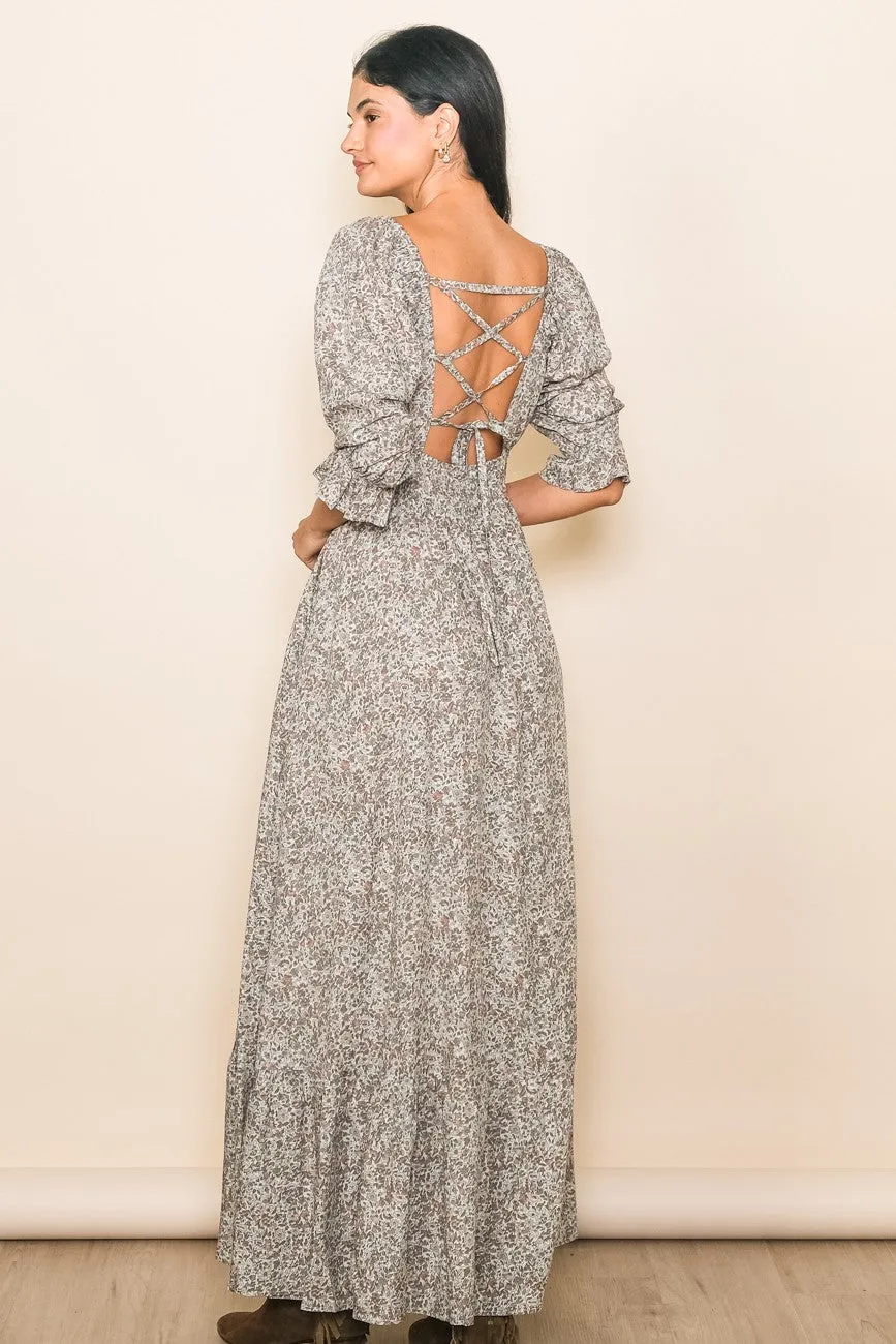 Beige Floral Criss Cross Back Maxi Dress sold by Pinkblush product image thumbnail 3