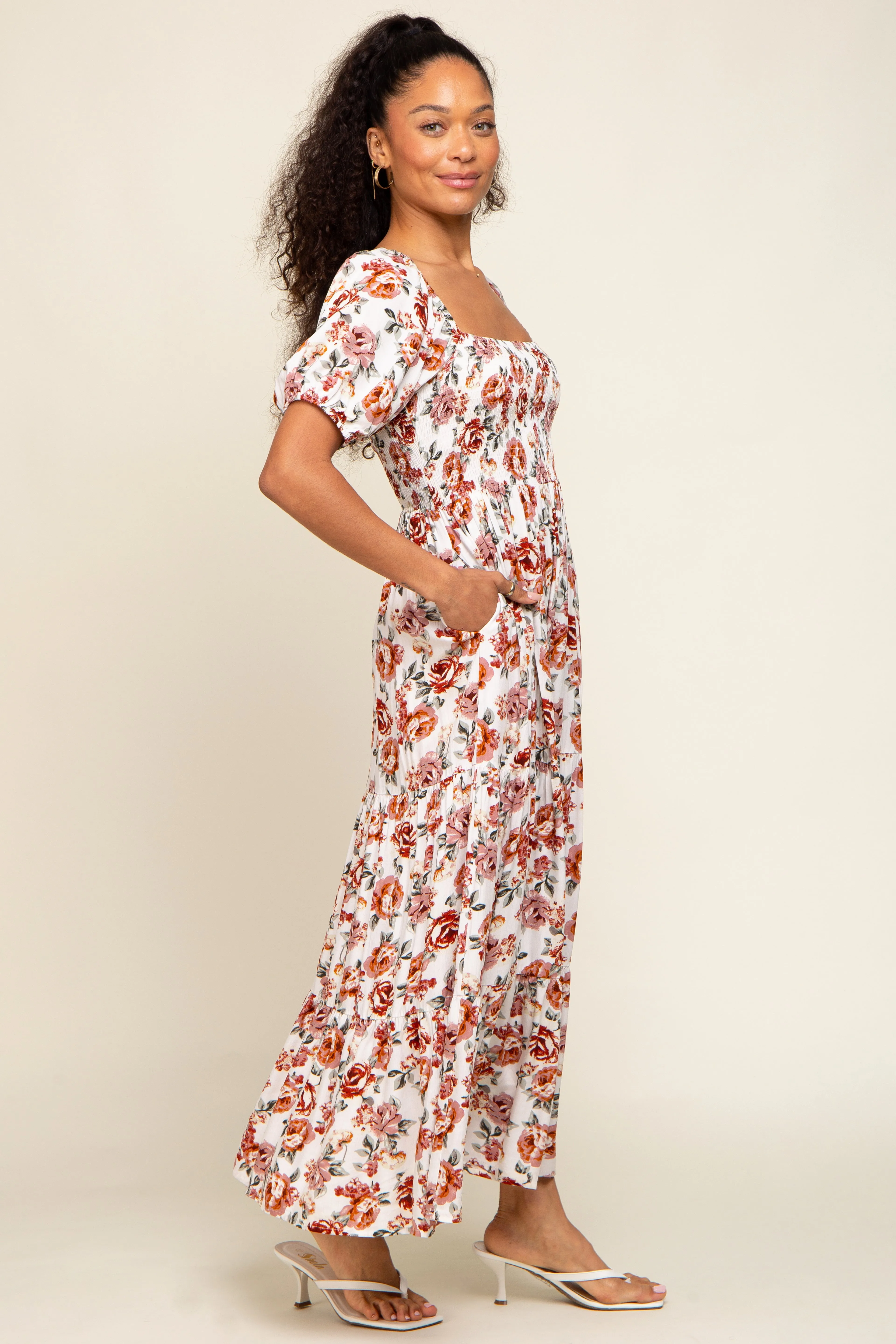 Cream Floral Smocked Square Neck Tiered Maxi Dress sold by Pinkblush product image thumbnail 2