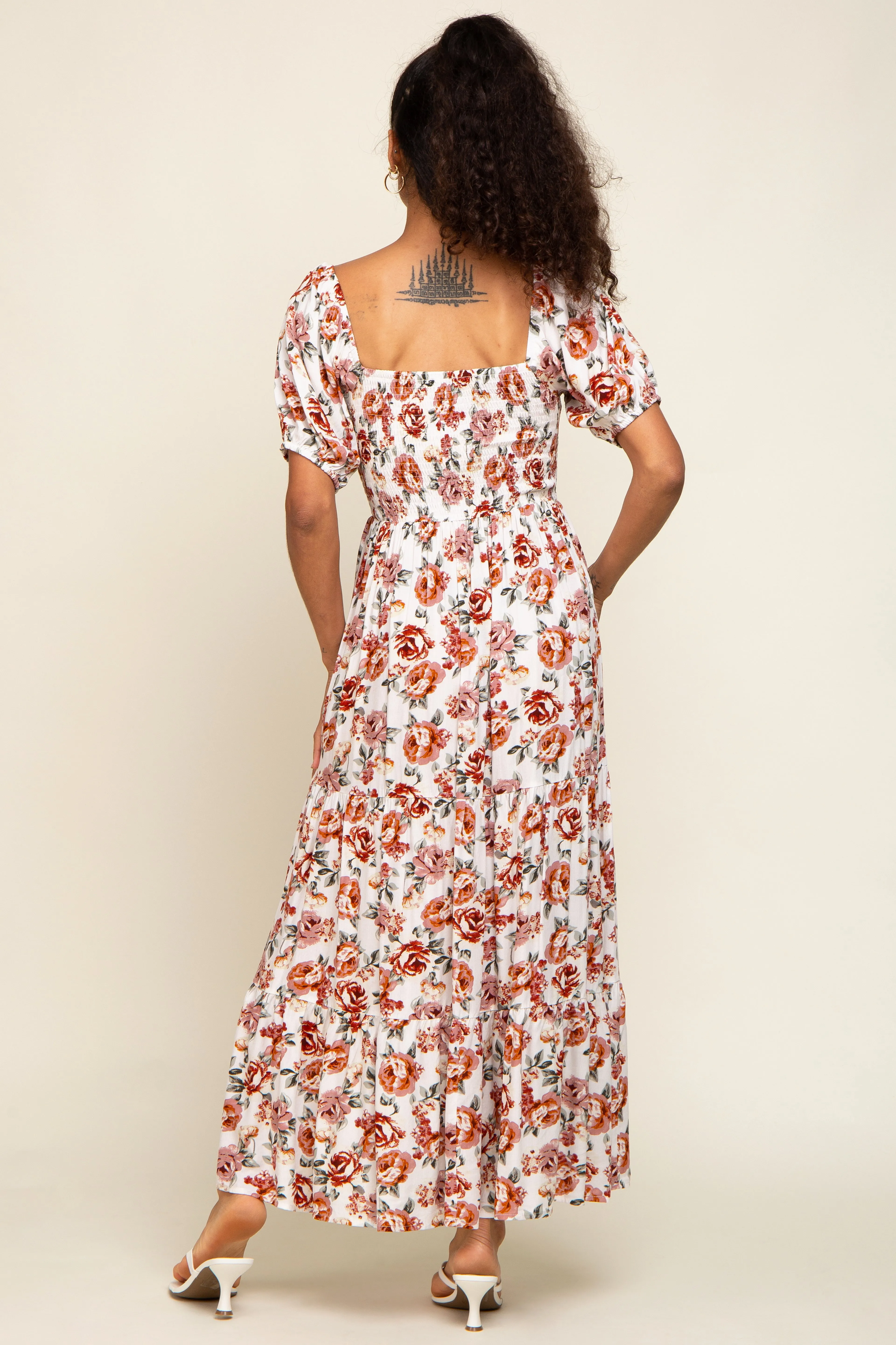 Cream Floral Smocked Square Neck Tiered Maxi Dress sold by Pinkblush product image thumbnail 3